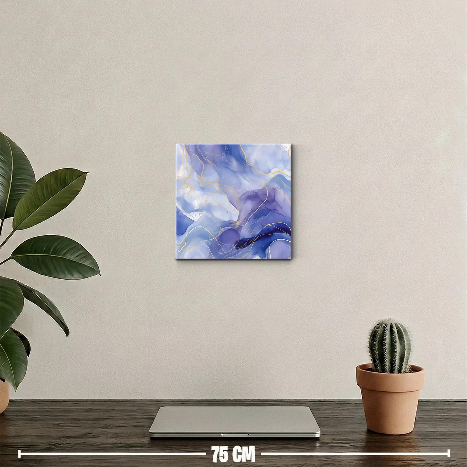 Cuadro abstracto con tonos azules y detalles dorados fluidos — miniatura 2
