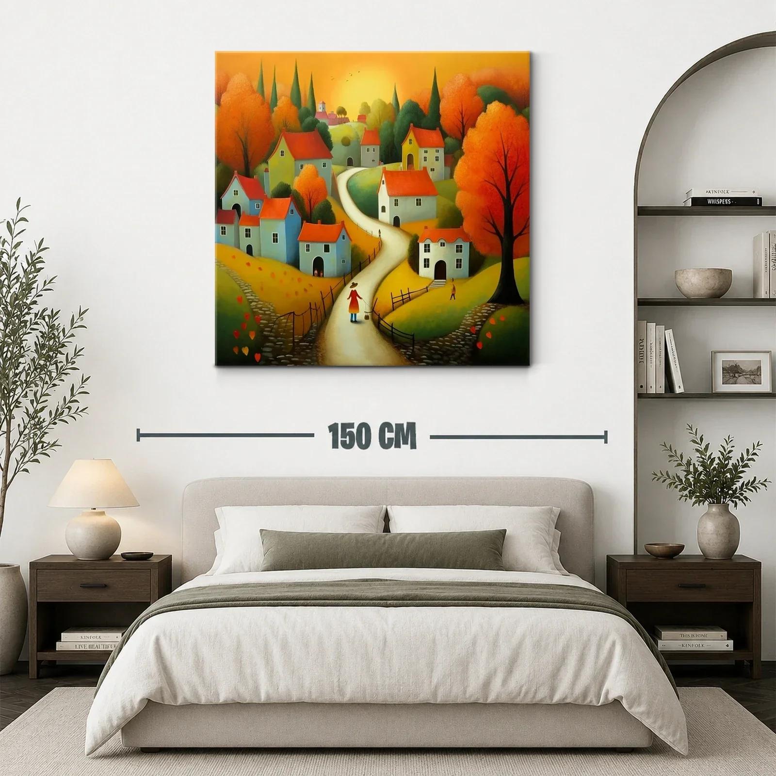 Paisaje otoñal con casas y sendero iluminado al atardecer — miniatura 3