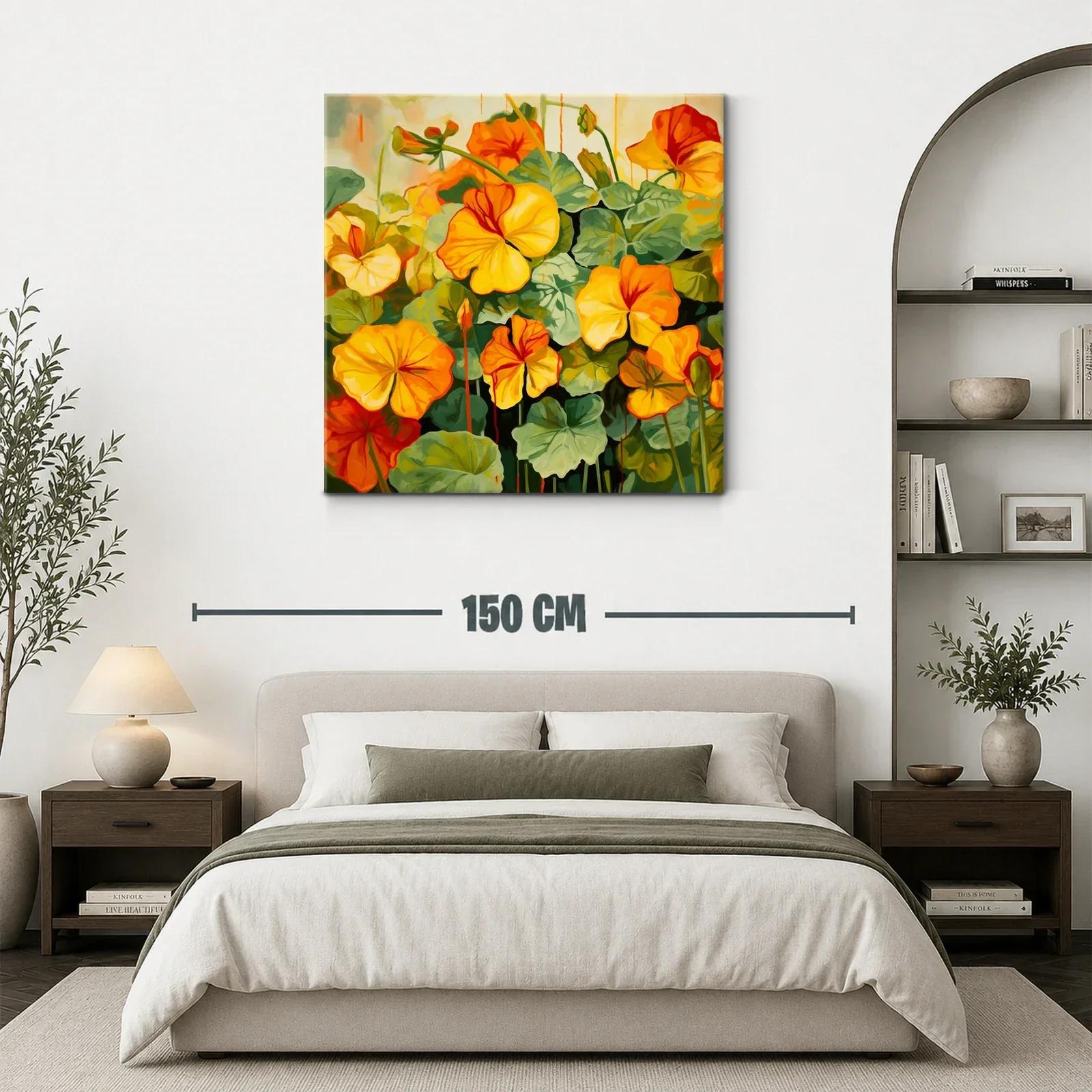 Cuadro vibrante con flores en tonos cálidos y hojas verdes — miniatura 3