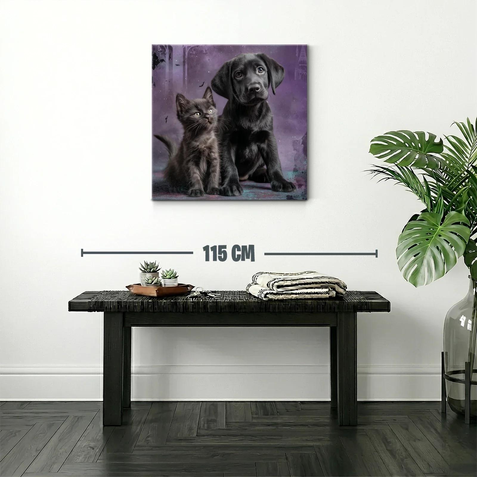 Tierno cuadro de cachorro y gatito sobre fondo violeta — miniatura 2