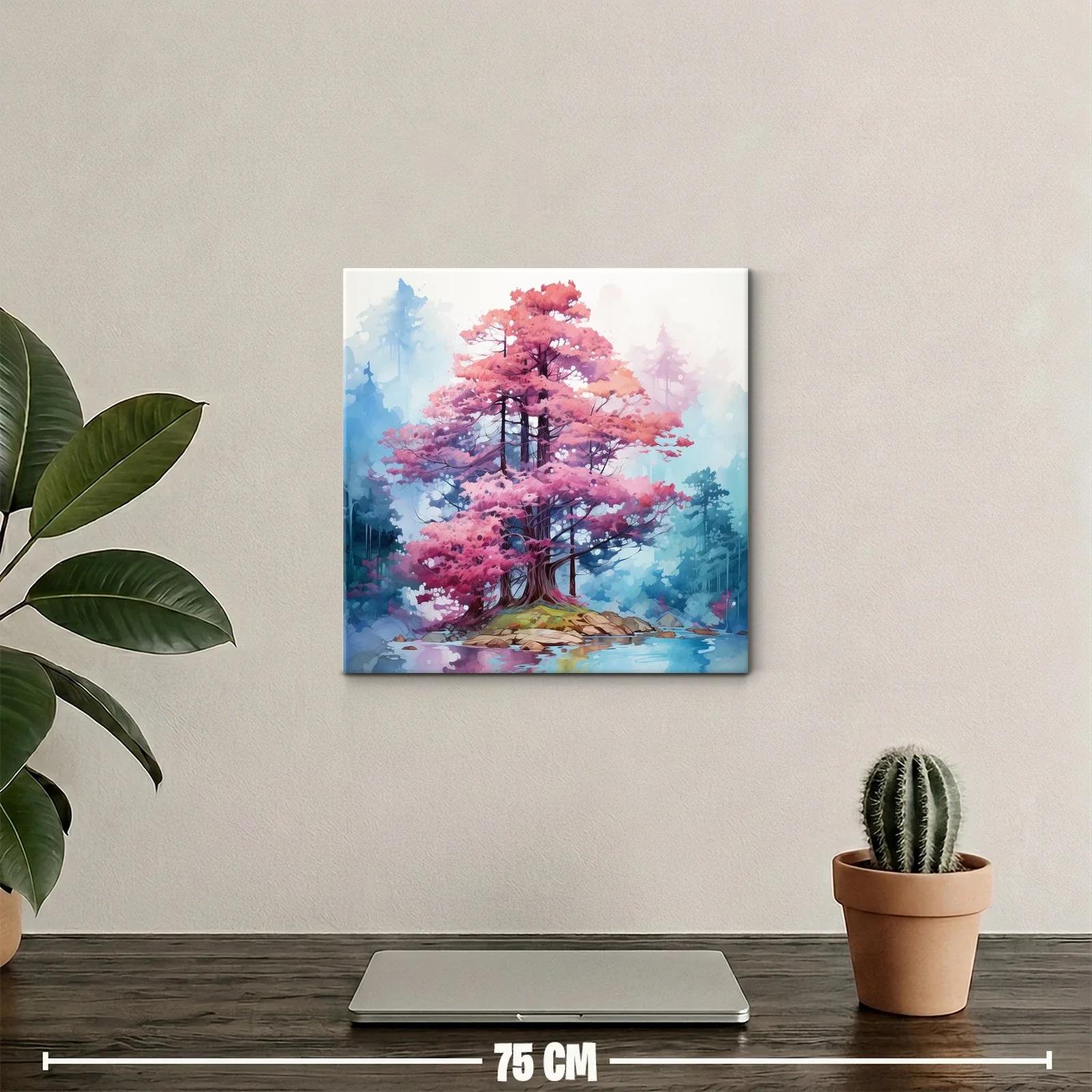 Arboles en tonos rosa sobre isla reflejada en lago tranquilo — miniatura 2