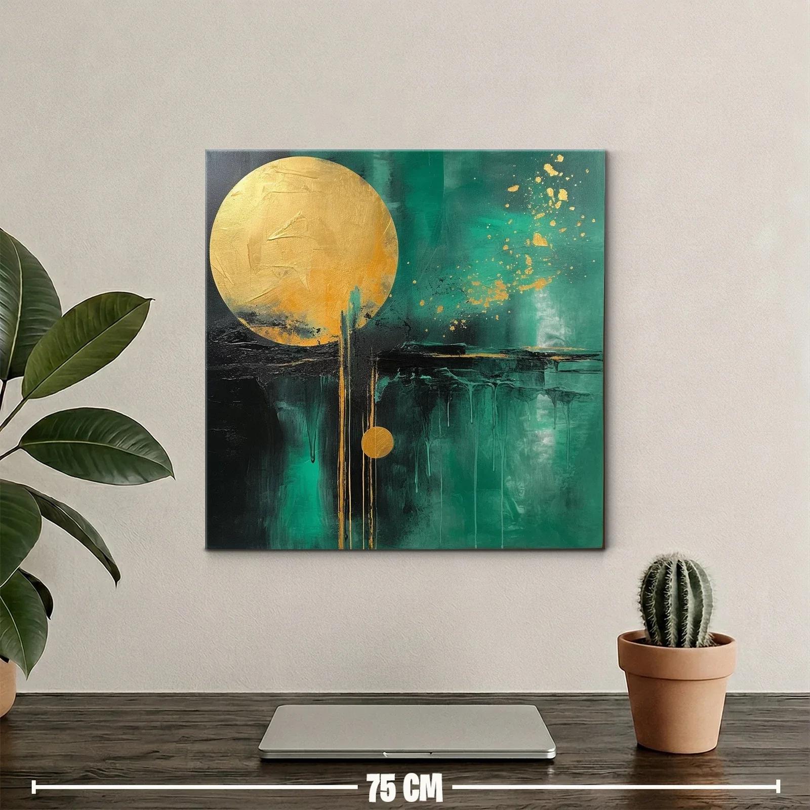 Cuadro abstracto con círculos dorados y fondo verde intenso — miniatura 2
