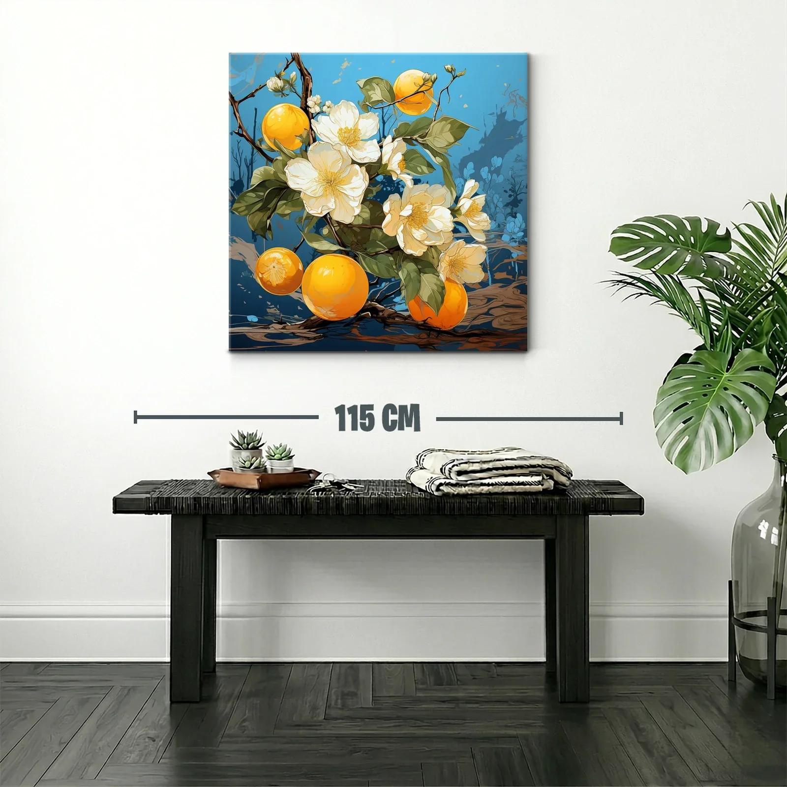 Flores blancas y frutas naranjas en fondo azul vibrante — miniatura 2