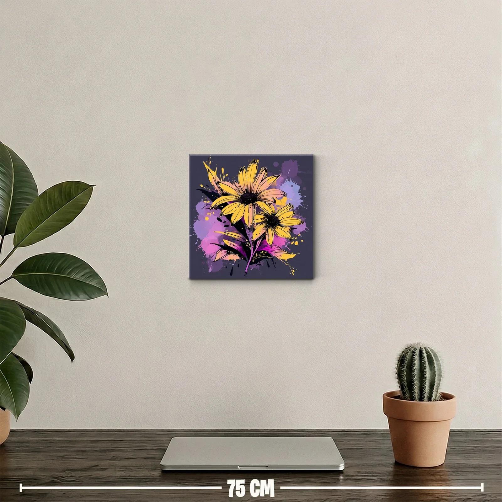 Cuadro vibrante con flores amarillas y fondo abstracto morado — miniatura 2