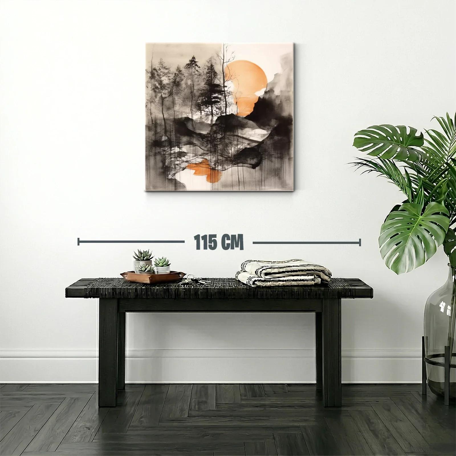 Paisaje abstracto con árboles y sol anaranjado al fondo — miniatura 2