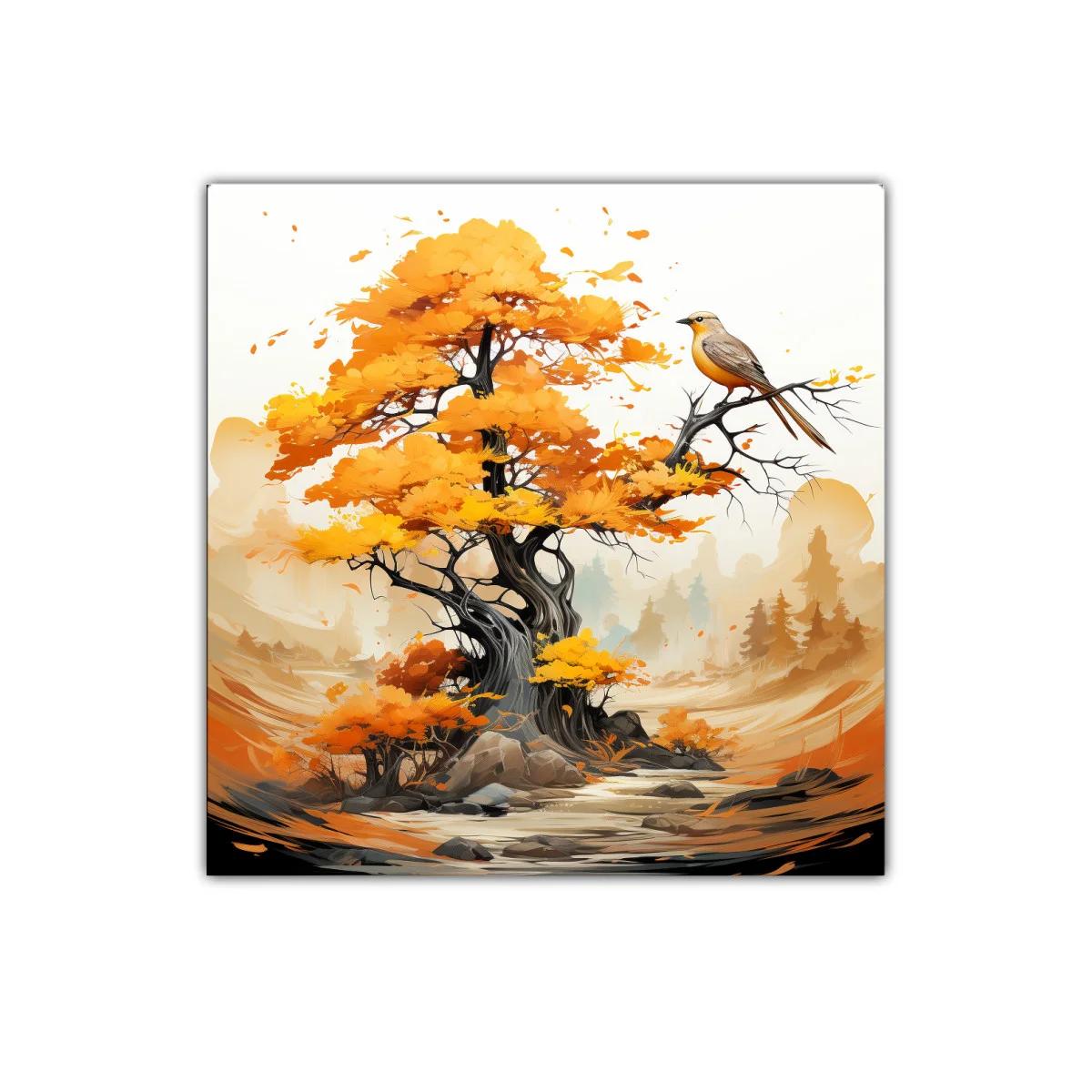 Árbol en otoño con pájaro sobre rama en paisaje sereno — miniatura 1