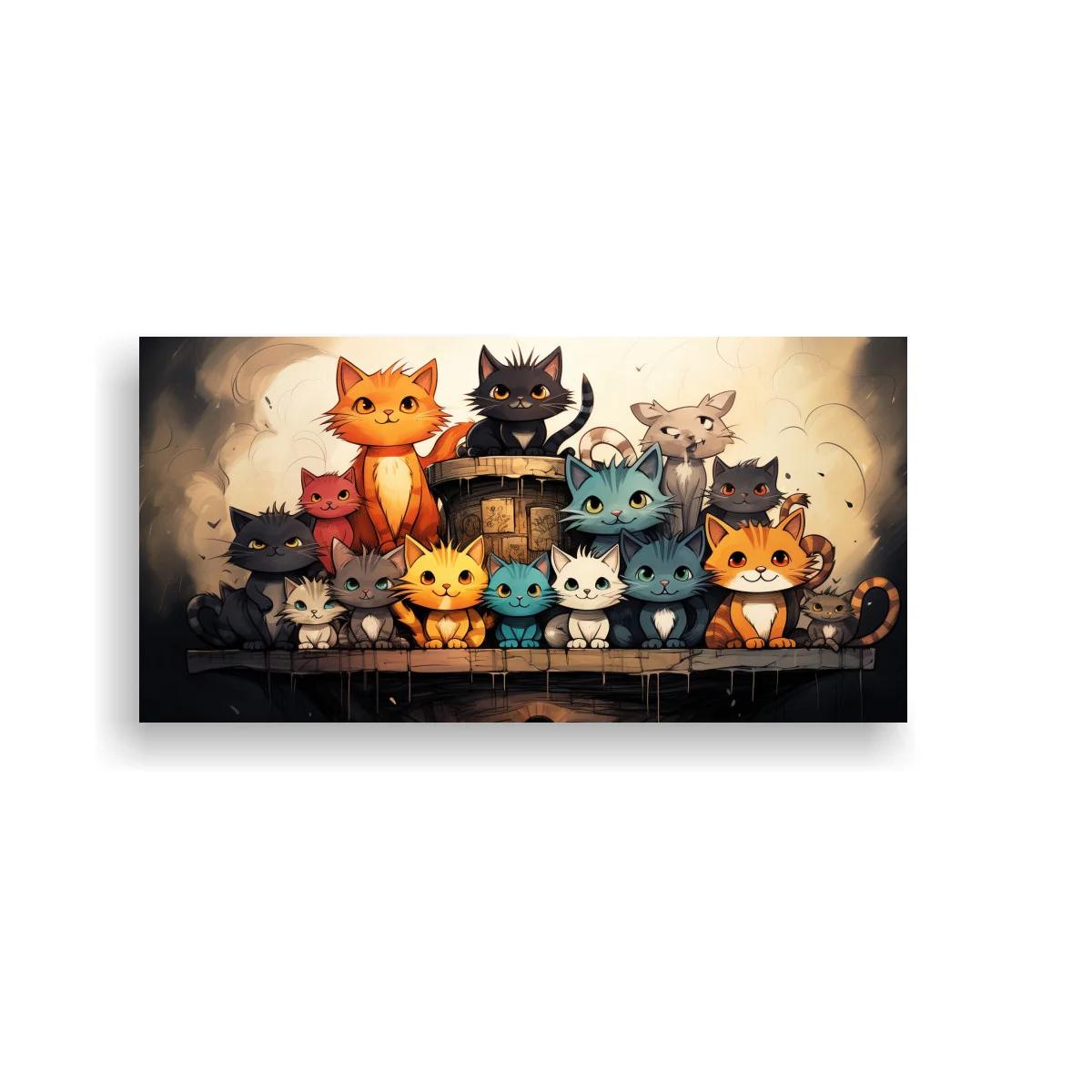 Cuadro grupo de gatos caricaturescos con barril central
