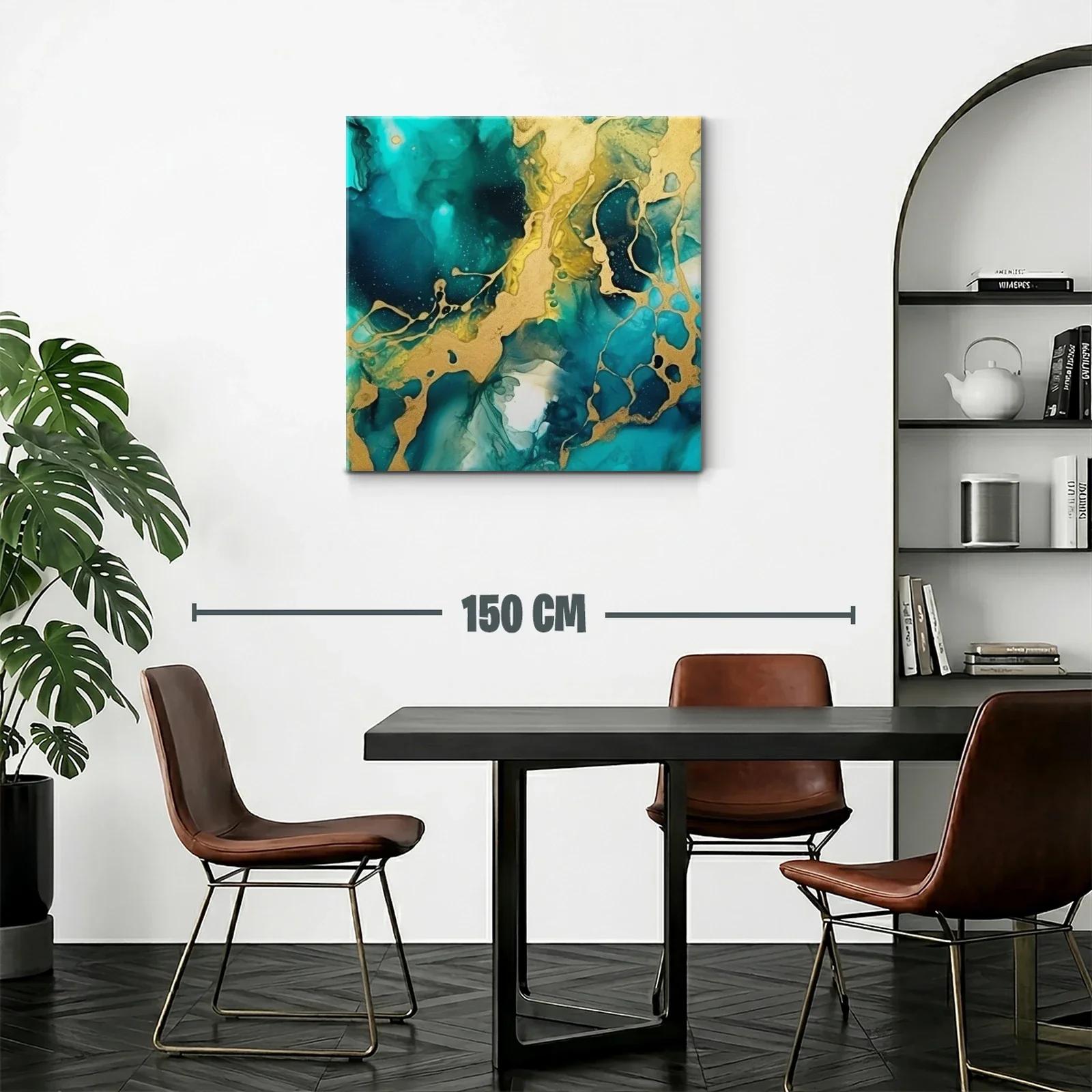 Cuadro abstracto con tonos turquesa y dorados vibrantes — miniatura 2