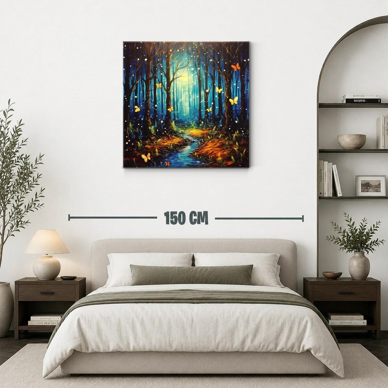 Bosque encantado con mariposas iluminadas y sendero azul — miniatura 3