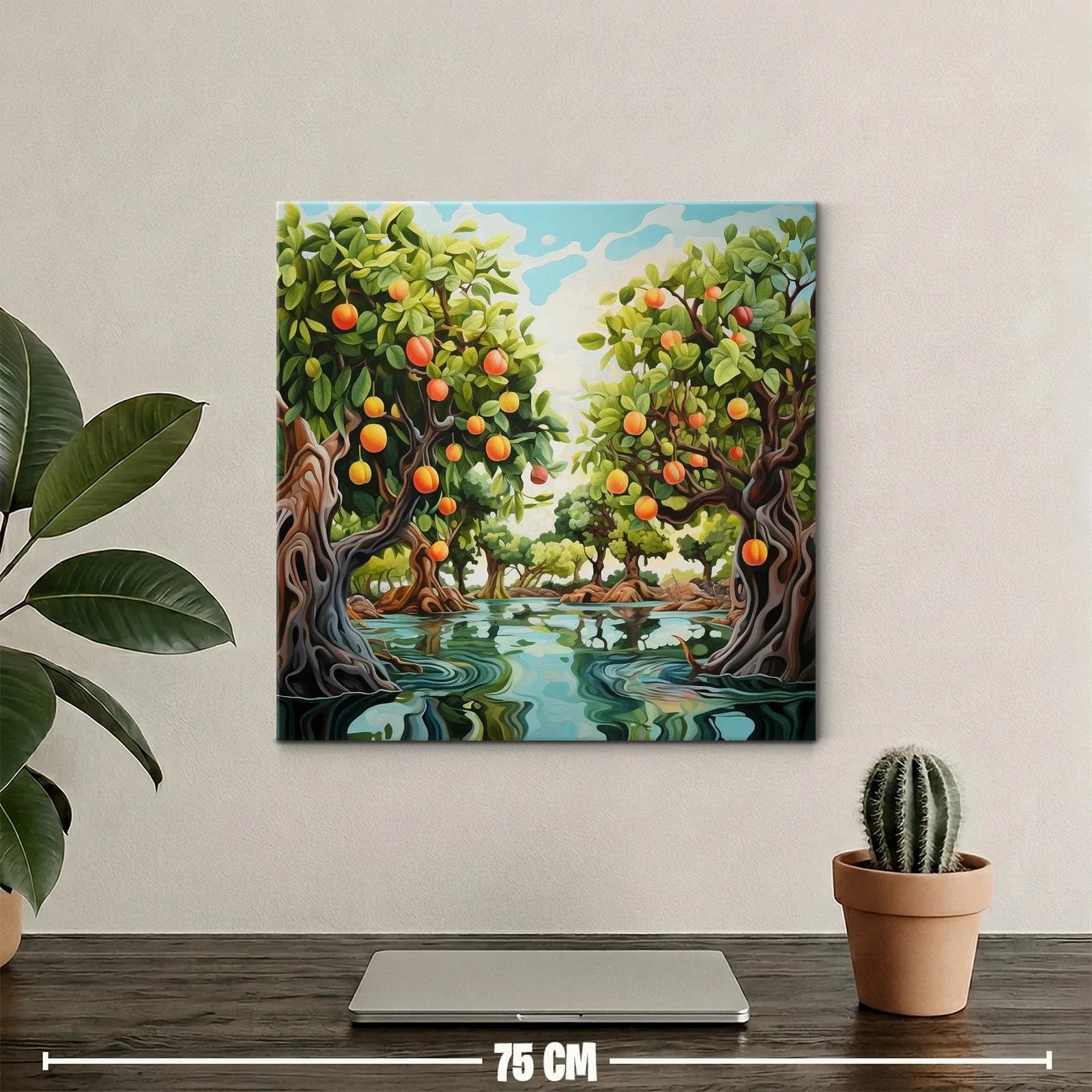 Cuadro de paisaje con árboles frutales y agua serena — miniatura 2