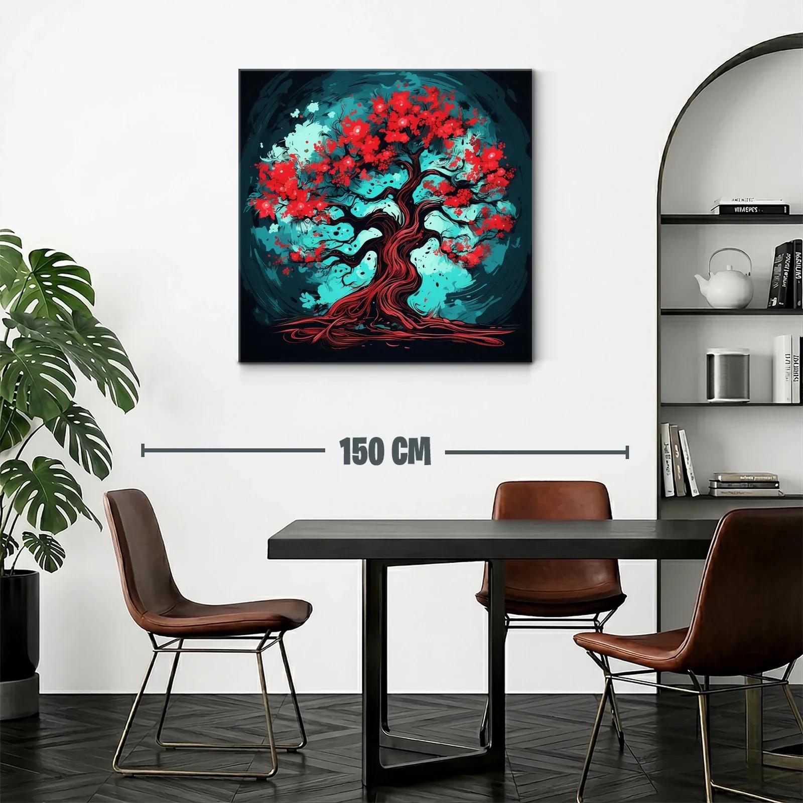 Árbol vibrante con flores rojas y fondo turquesa intenso — miniatura 2