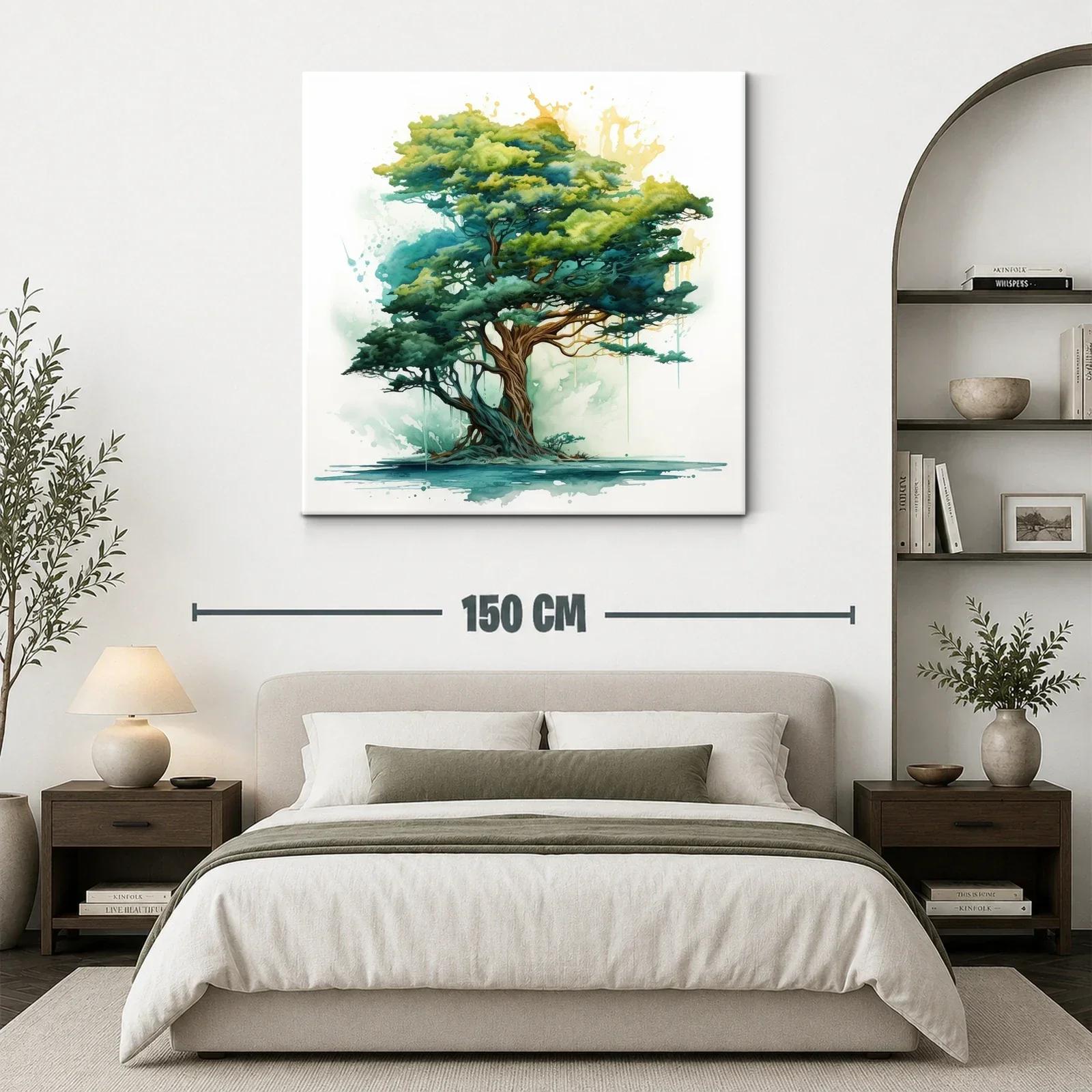 Árbol en tonos verdes con toque de acuarela y luz dorada — miniatura 3