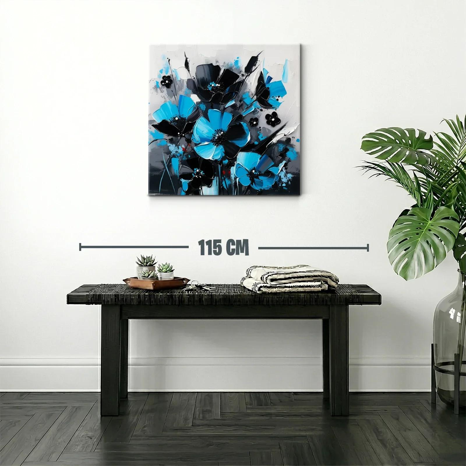 Cuadro floral moderno en tonos azul y negro vibrante — miniatura 2