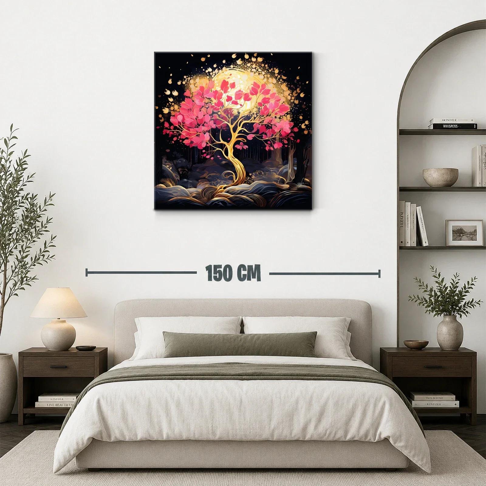 Árbol dorado con hojas rosas y luz resplandeciente — miniatura 3