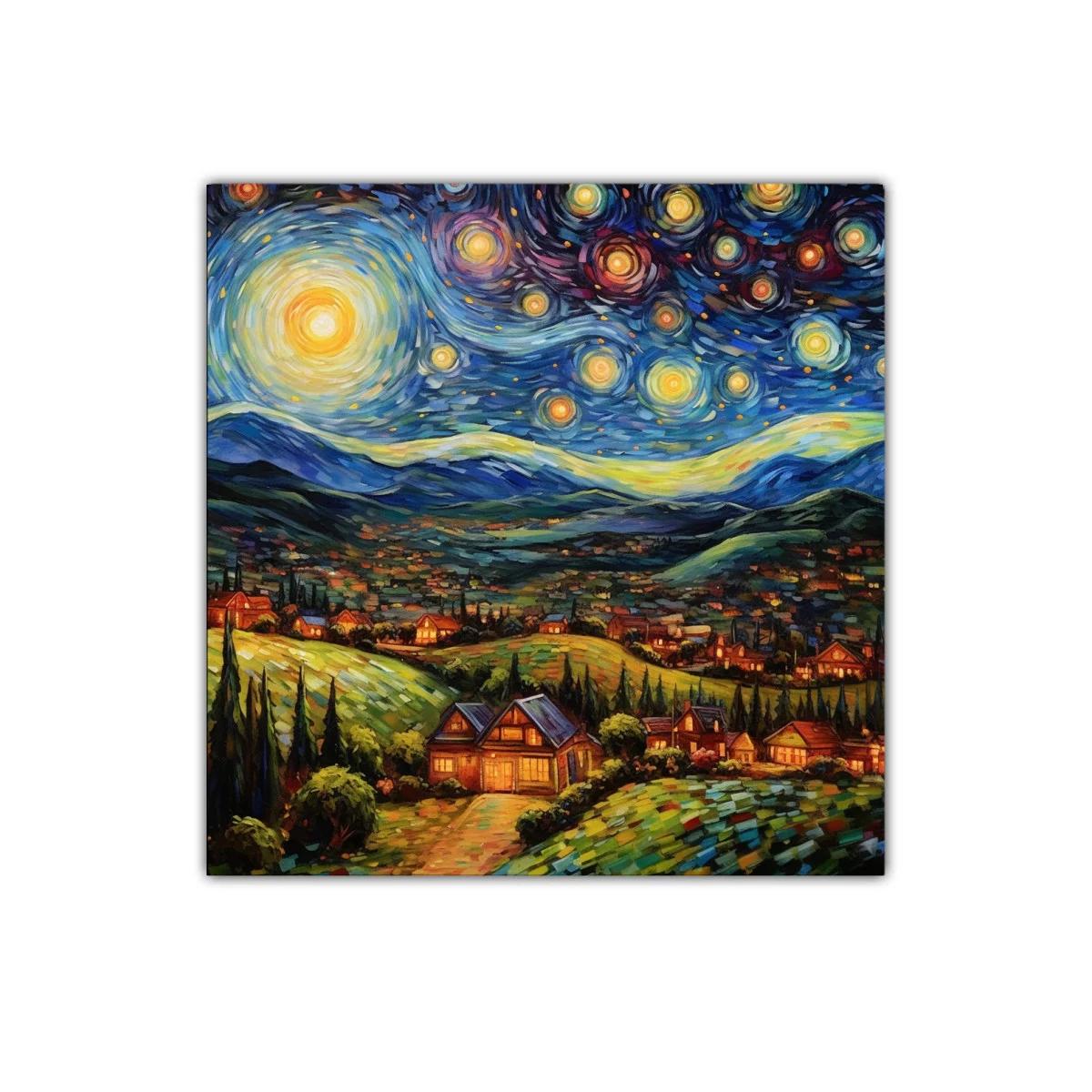 Paisaje Nocturno con Estrellas y Casas Iluminadas — miniatura 1