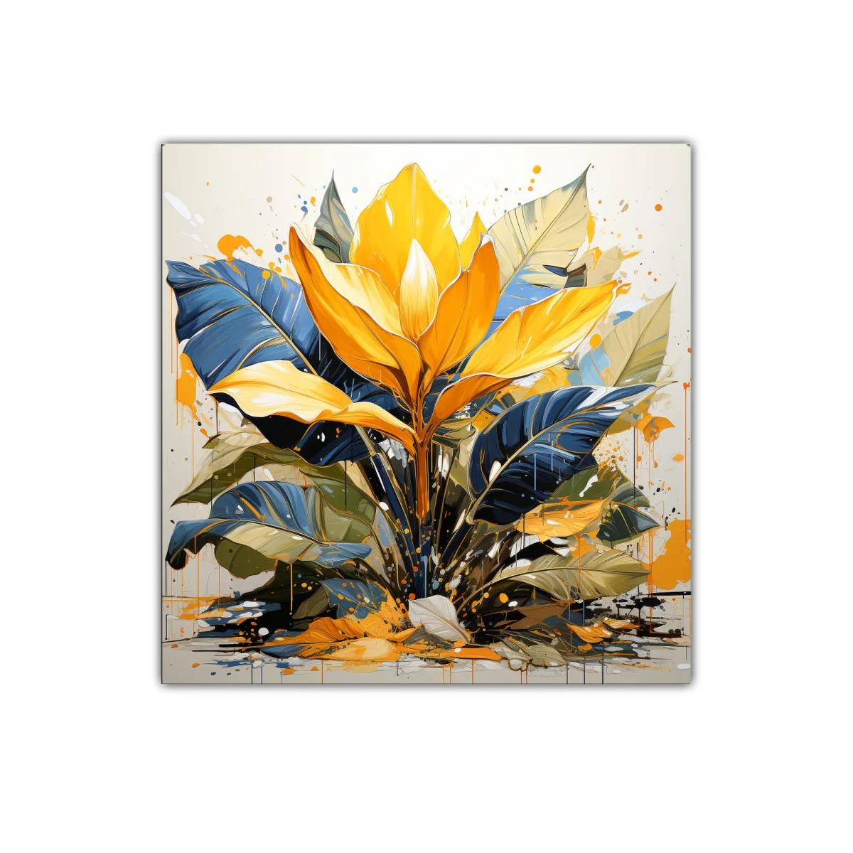 Cuadro de planta tropical en tonos amarillo y azul vibrante