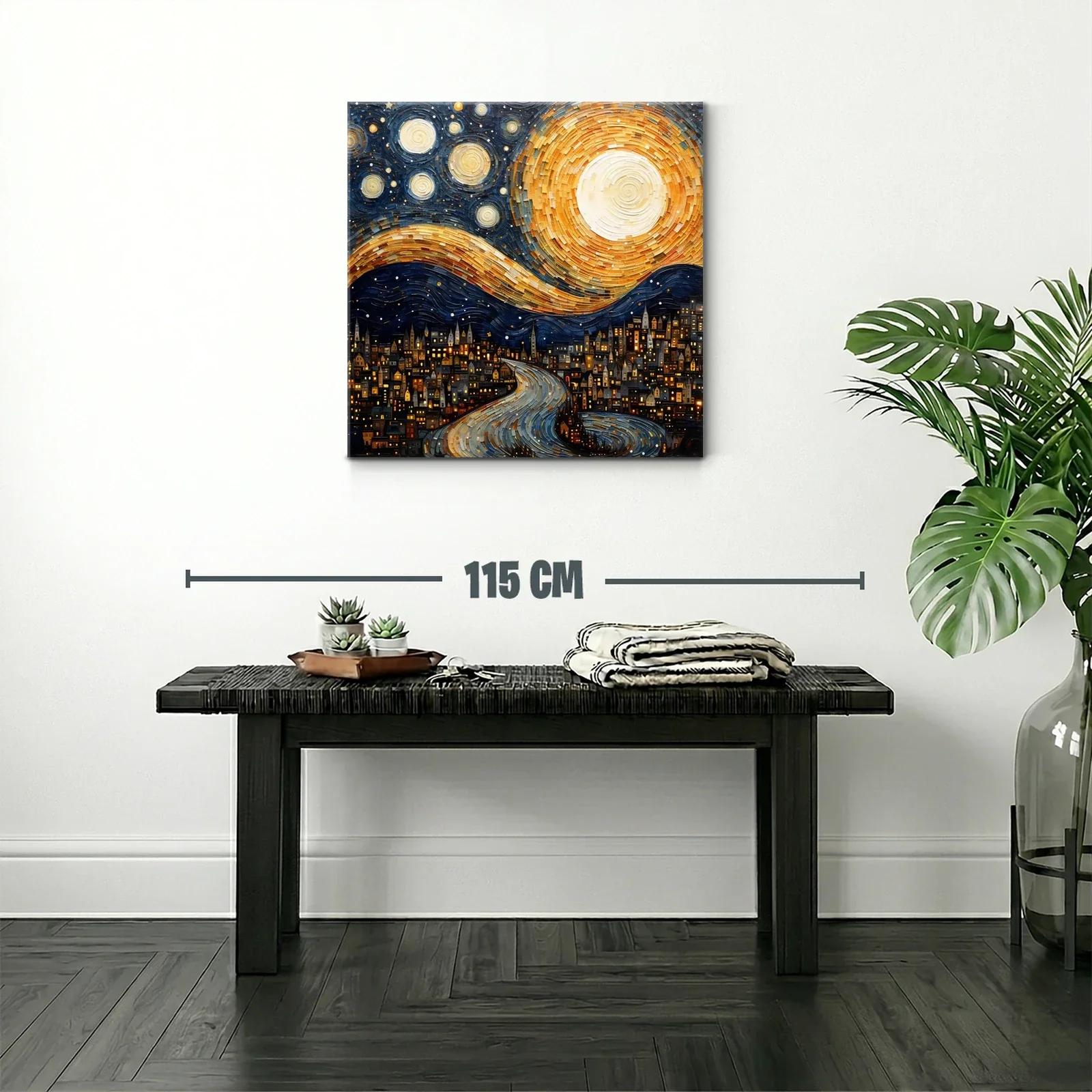 Paisaje nocturno con luna y estrellas sobre ciudad iluminada — miniatura 2