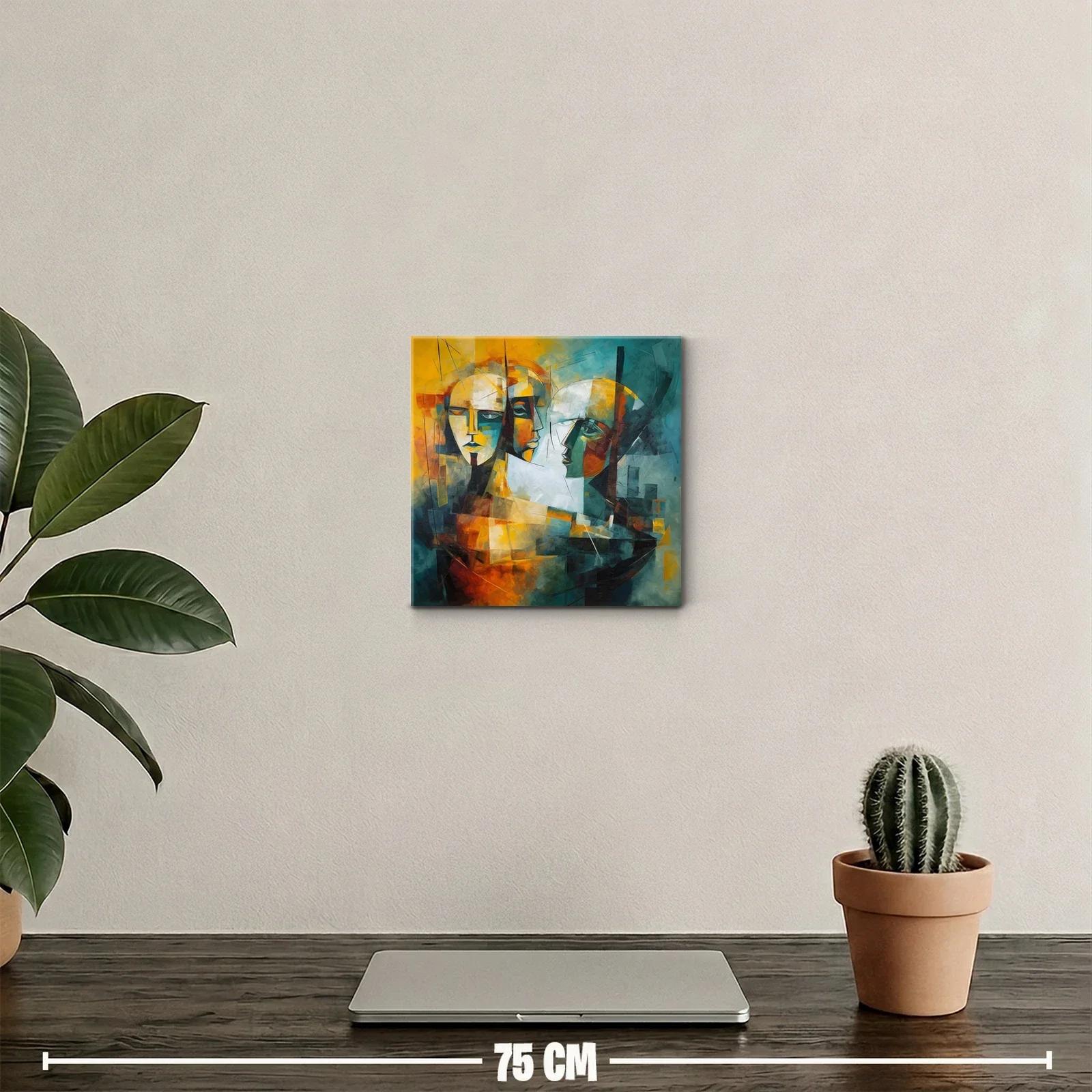 Cuadro abstracto rostros entrelazados en tonos cálidos y fríos — miniatura 2