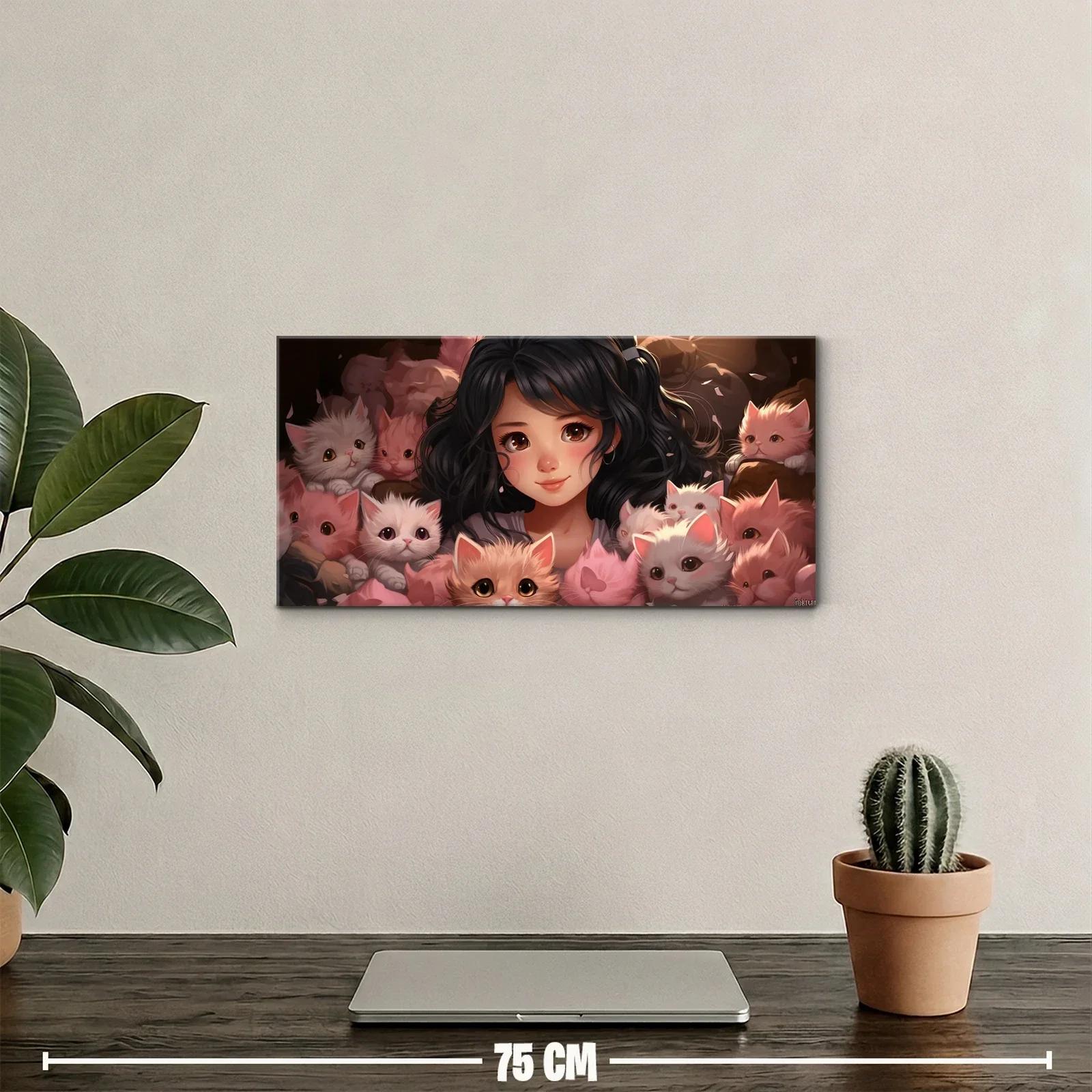 Cuadro chica anime con gatitos y flores rosadas — miniatura 2