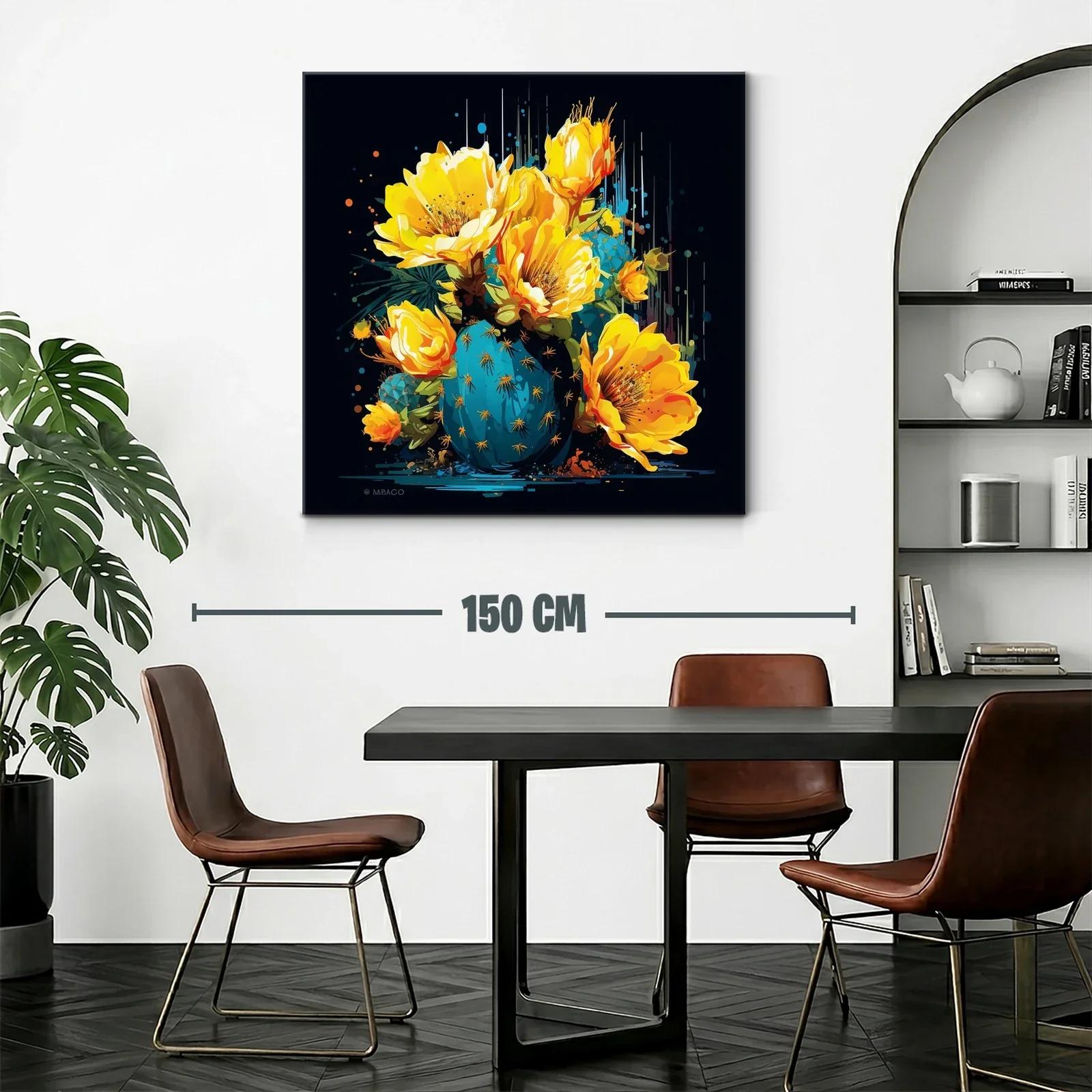 Cuadro moderno con flores amarillas y cactus azul vibrante — miniatura 2