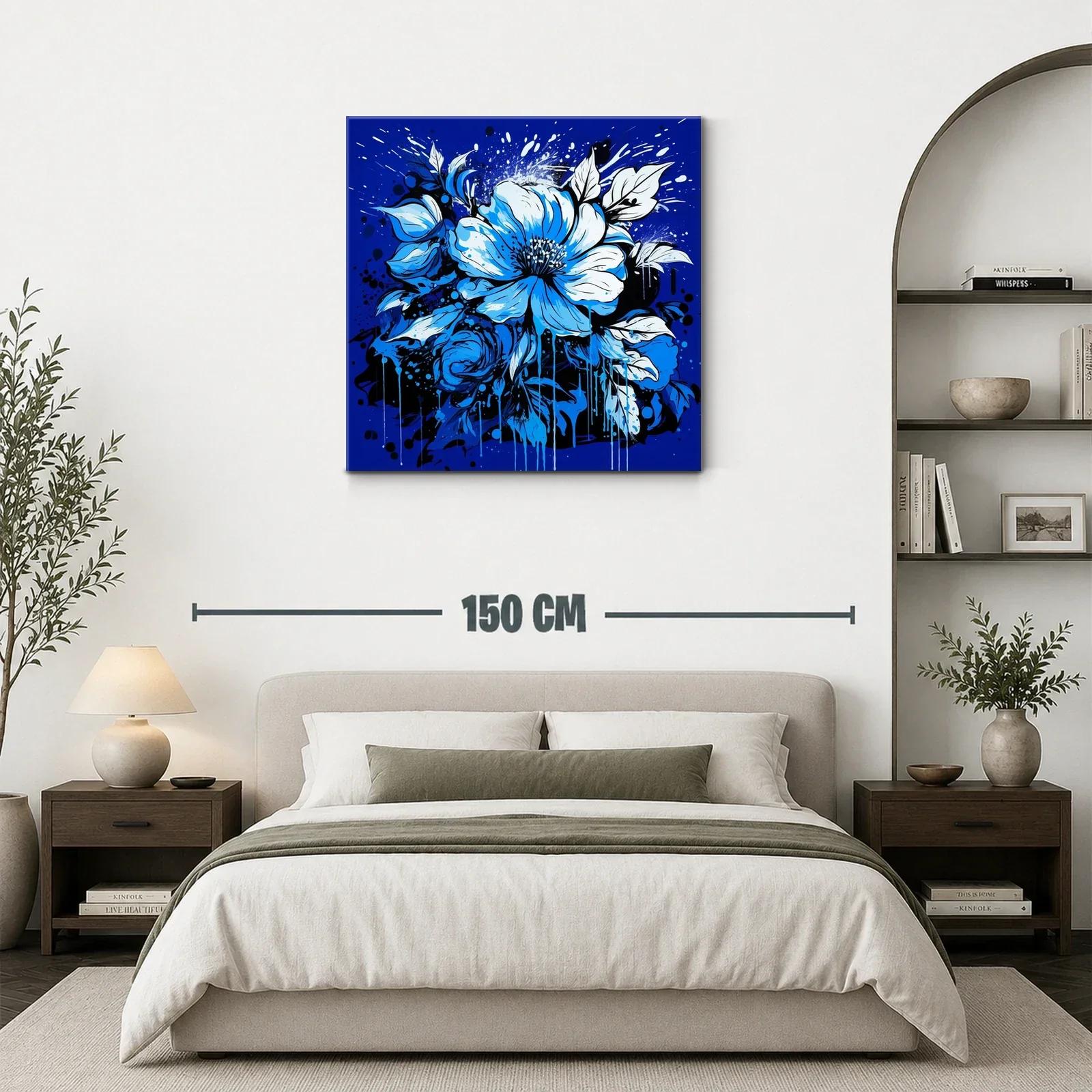 Cuadro floral vibrante en tonos azules intensos y negros — miniatura 3