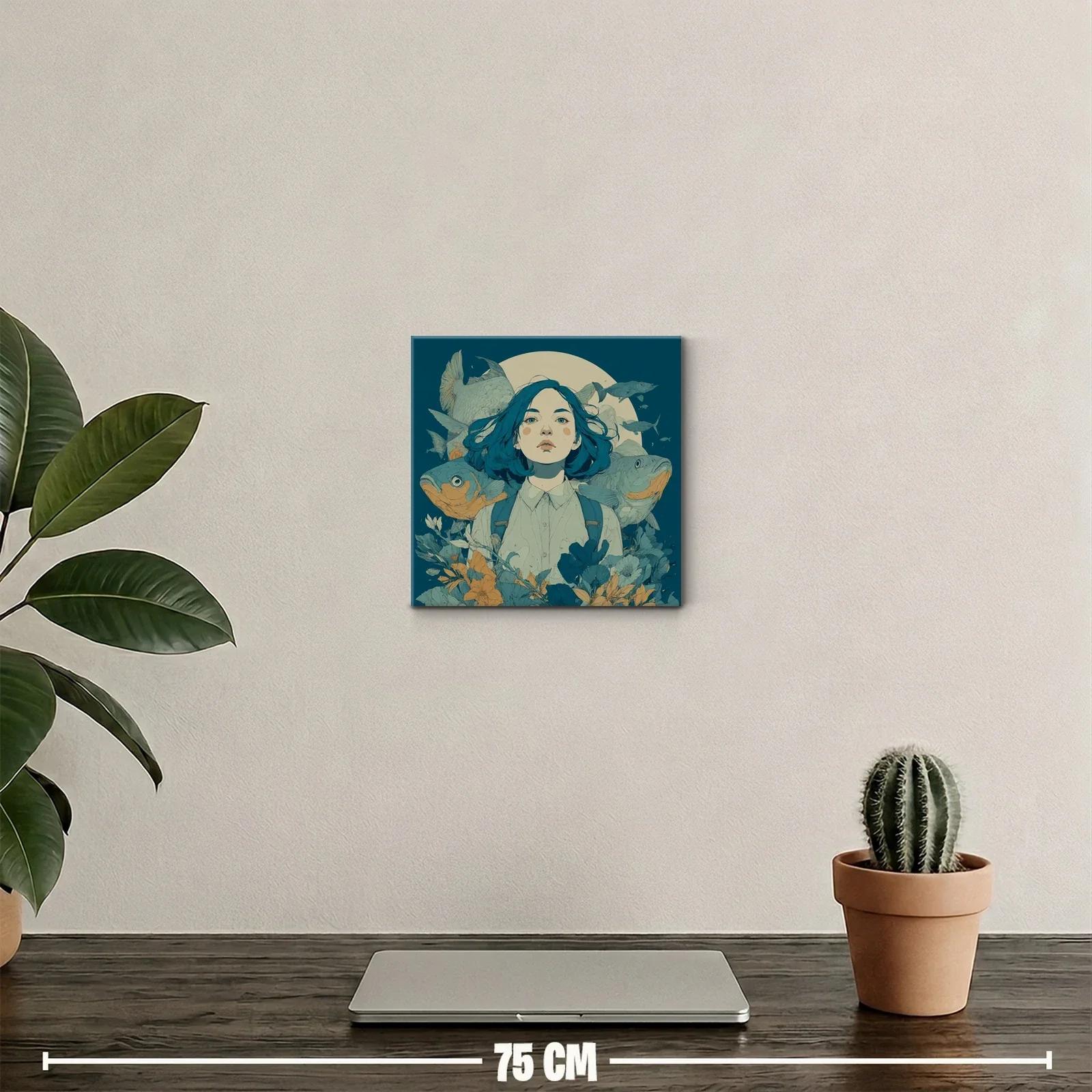 Retrato femenino con peces y flores en tonos azulados — miniatura 2