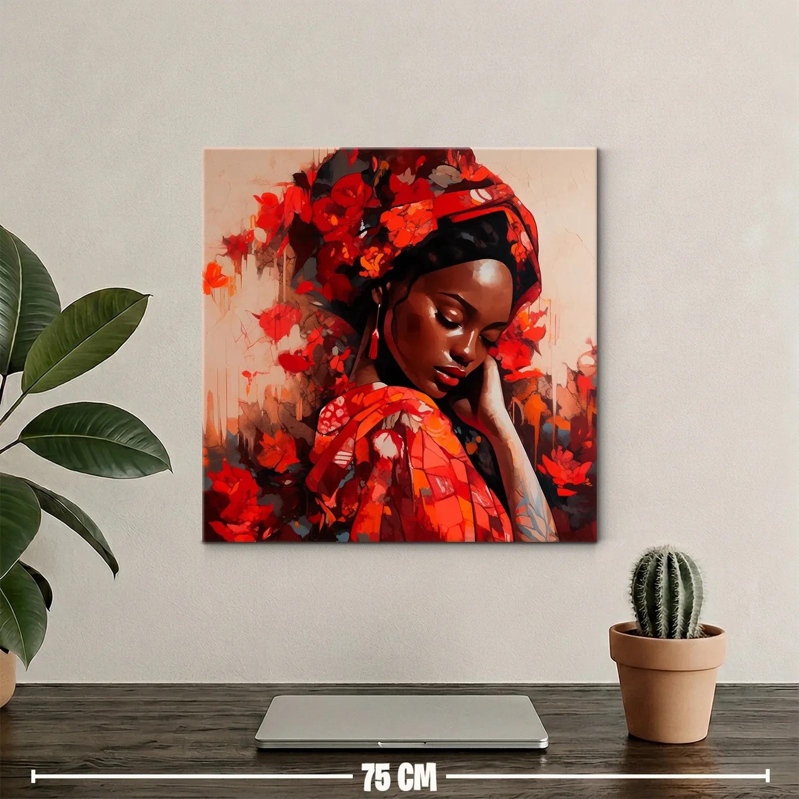 Retrato femenino rodeado de flores en tonos rojos vibrantes — miniatura 2