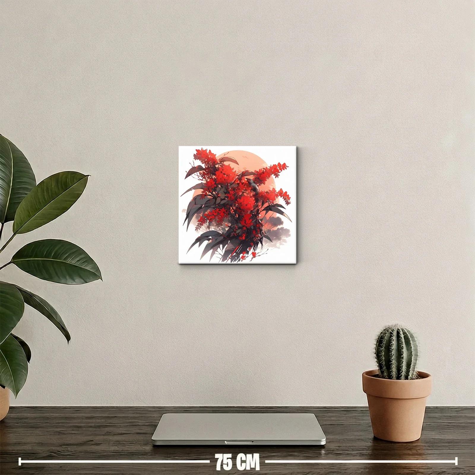 Cuadro floral con aves en tonos rojizos y contraste oscuro — miniatura 2