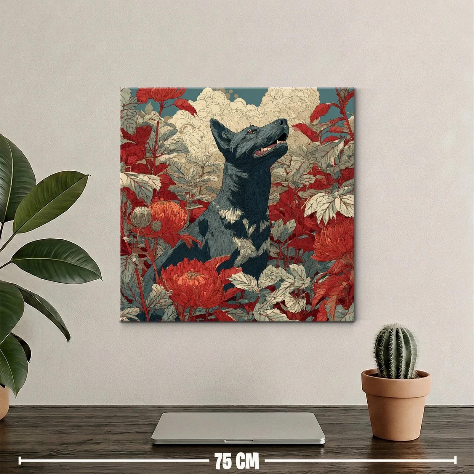 Perro entre flores rojas y follaje delicado — miniatura 2