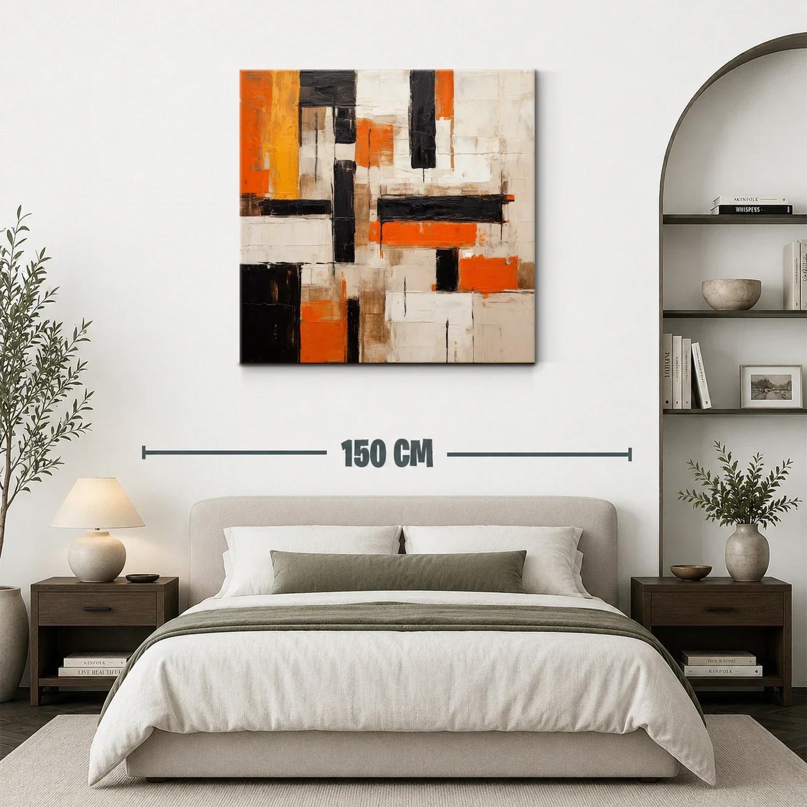 Cuadro abstracto con bloques en naranja negro y beige — miniatura 3