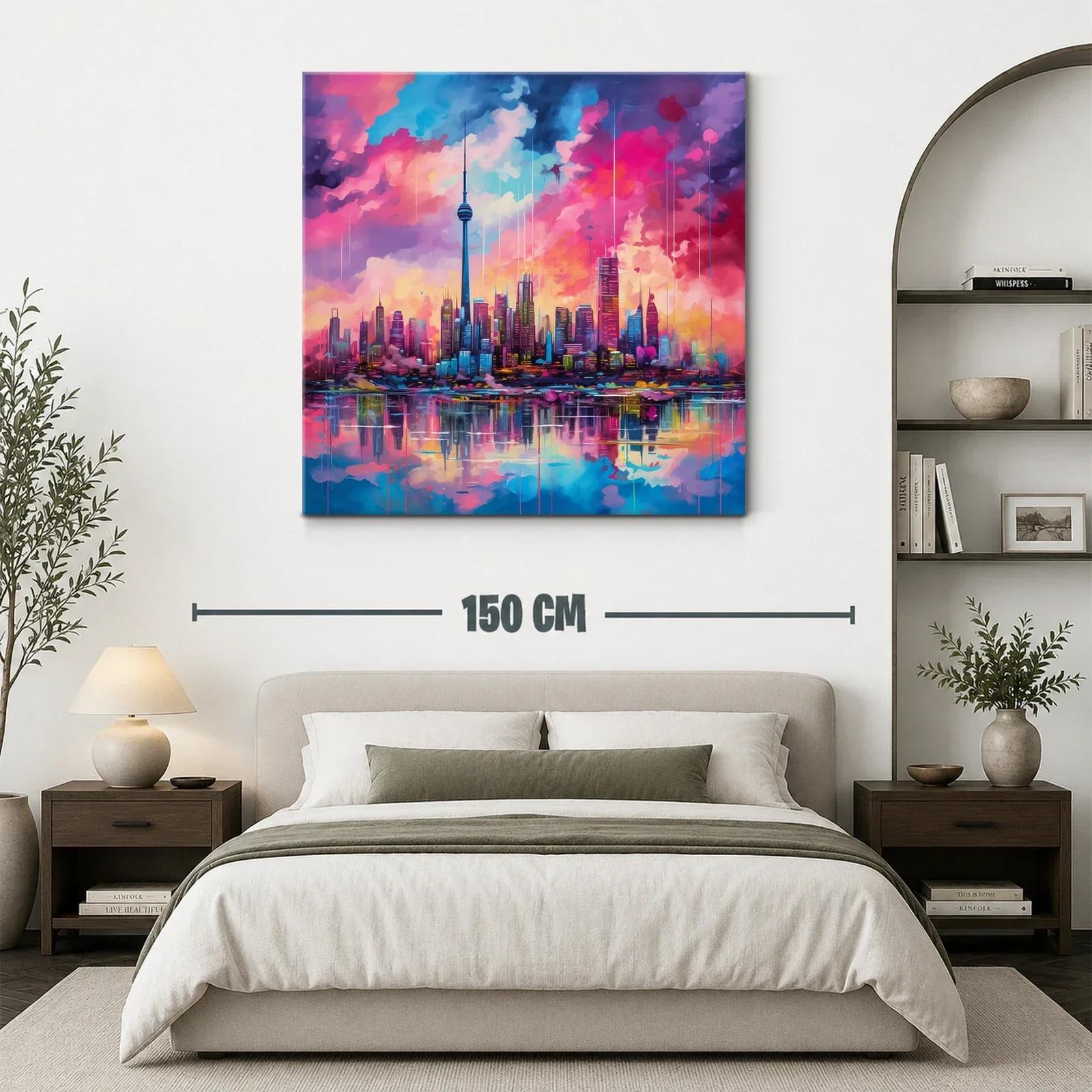 Atardecer vibrante sobre ciudad moderna y reflejos en agua — miniatura 3