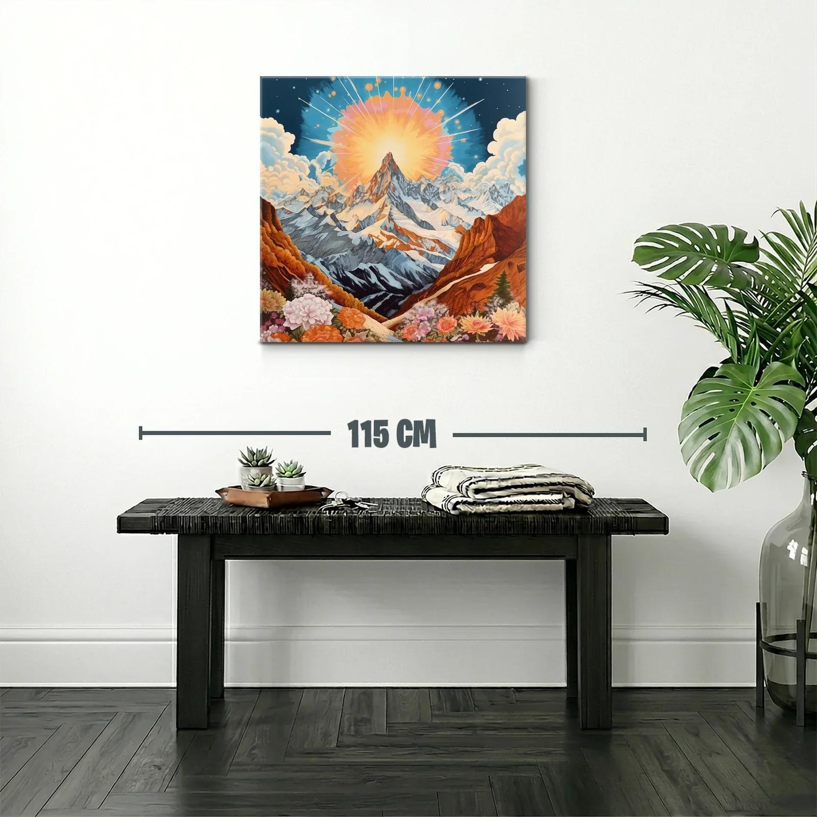 Montaña majestuosa con sol radiante y flores vibrantes — miniatura 2