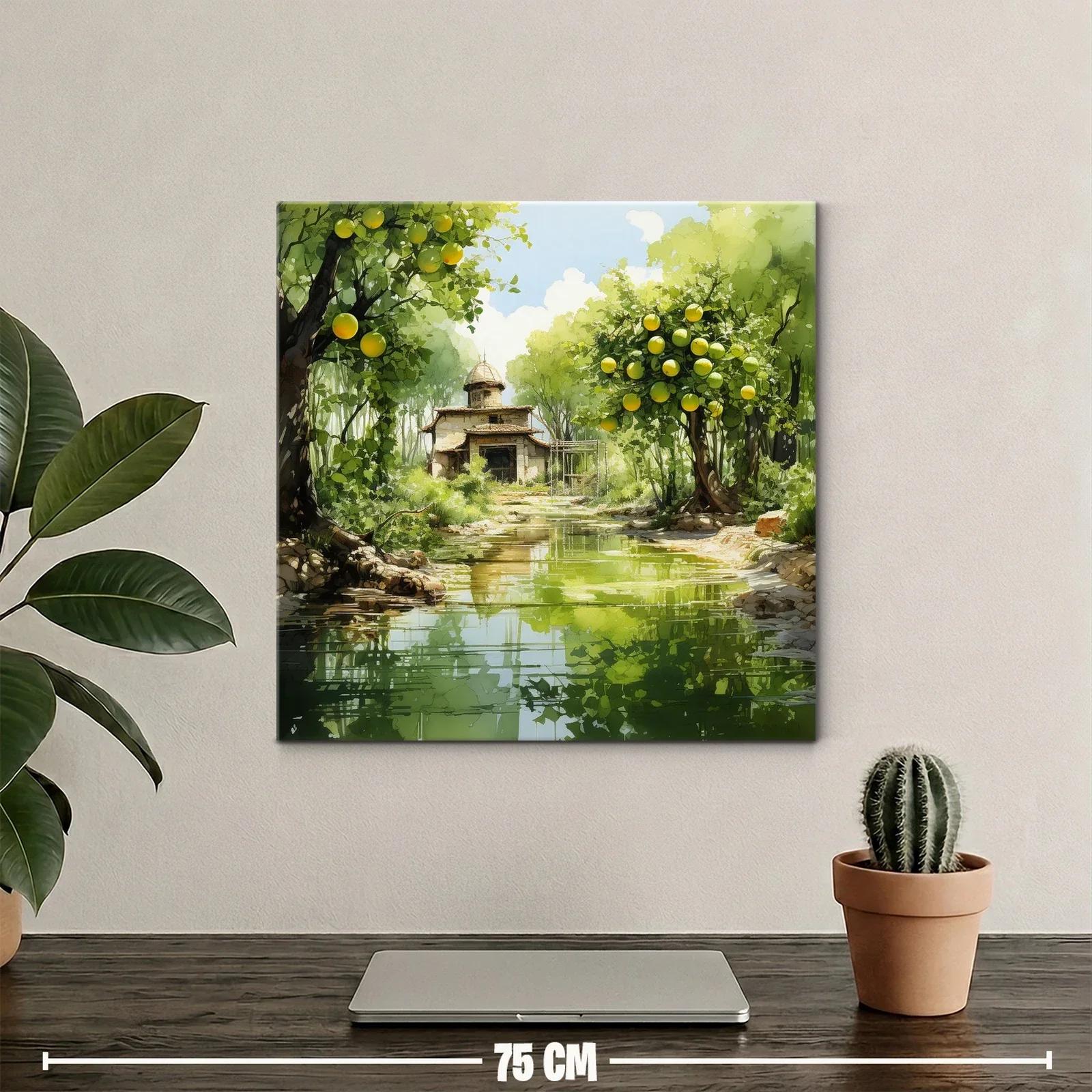 Paisaje sereno con casa y árboles frutales junto al río — miniatura 2
