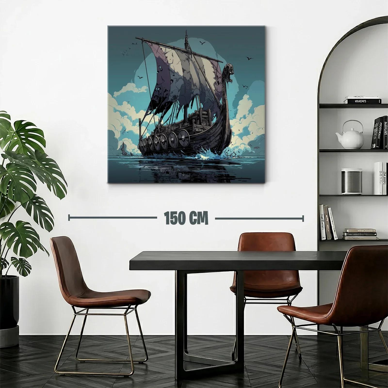 Barco Vikingo surcando el mar con velas desgastadas — miniatura 2