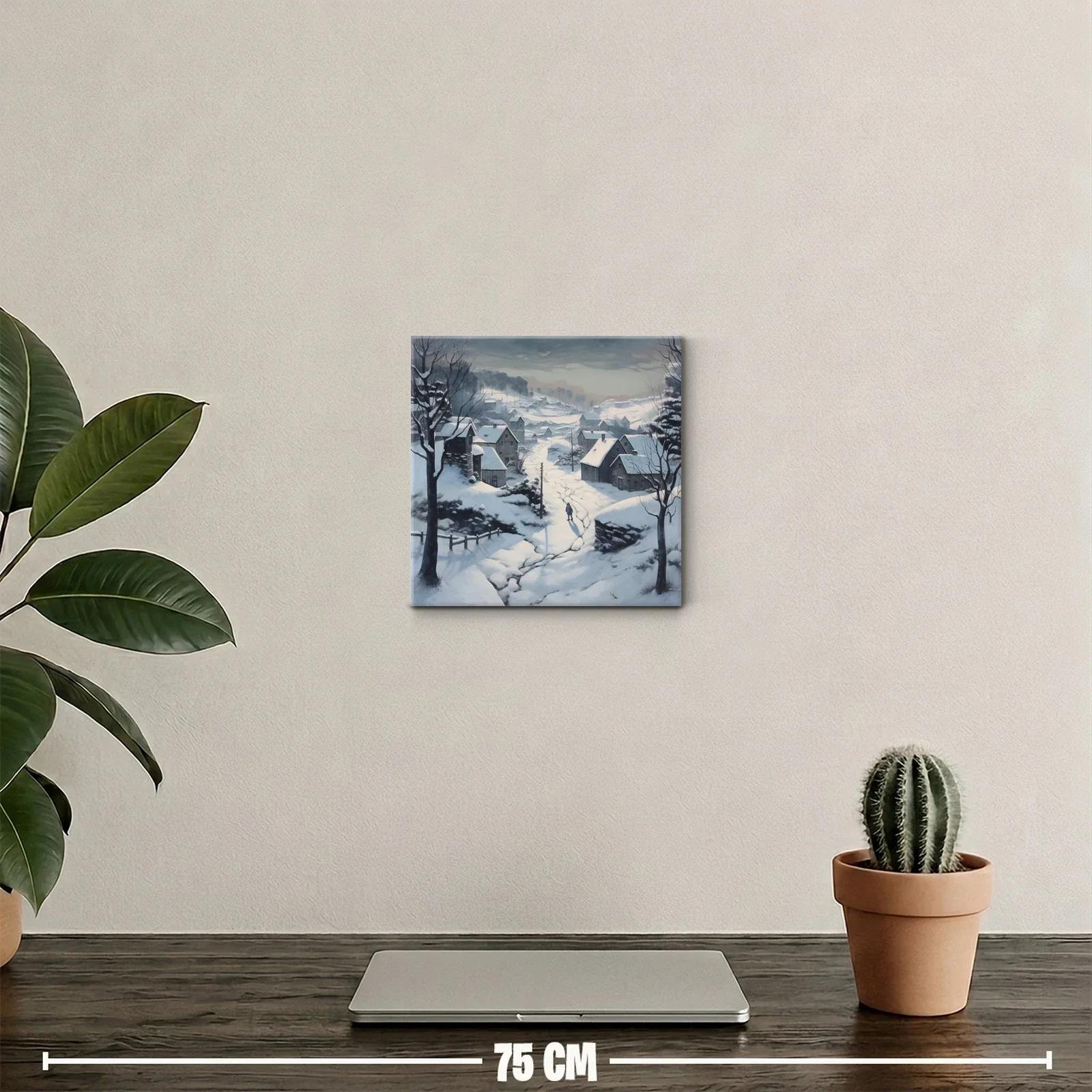 Paisaje nevado con aldea y silueta solitaria en invierno — miniatura 2