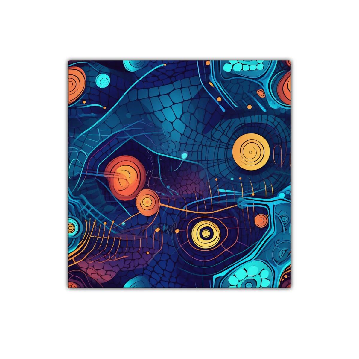Cuadro abstracto con formas circulares en tonos azules y naranjas — miniatura 1