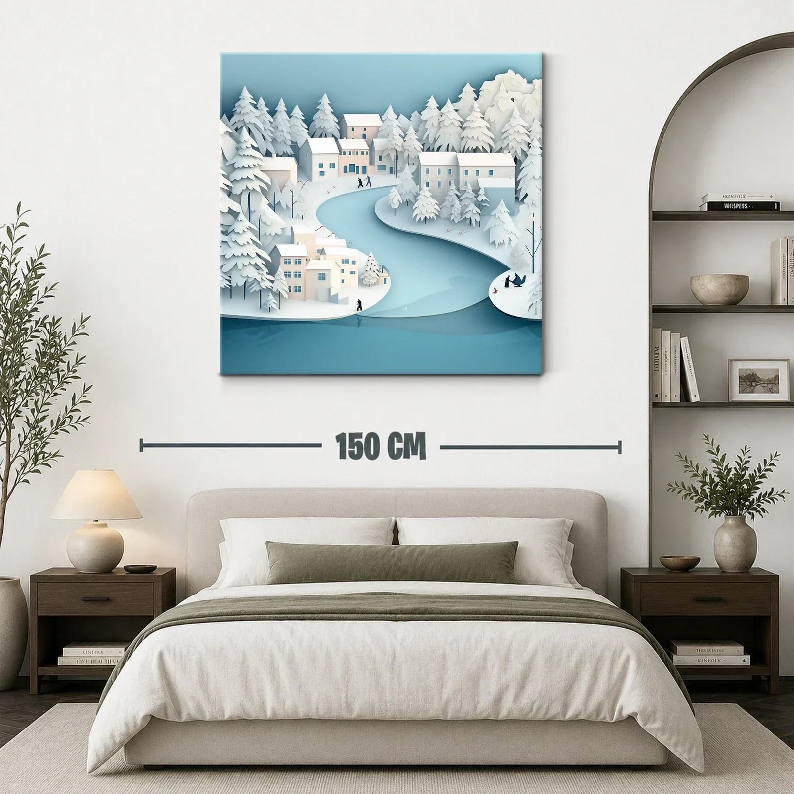 Paisaje invernal sereno con río y casas nevadas — miniatura 3