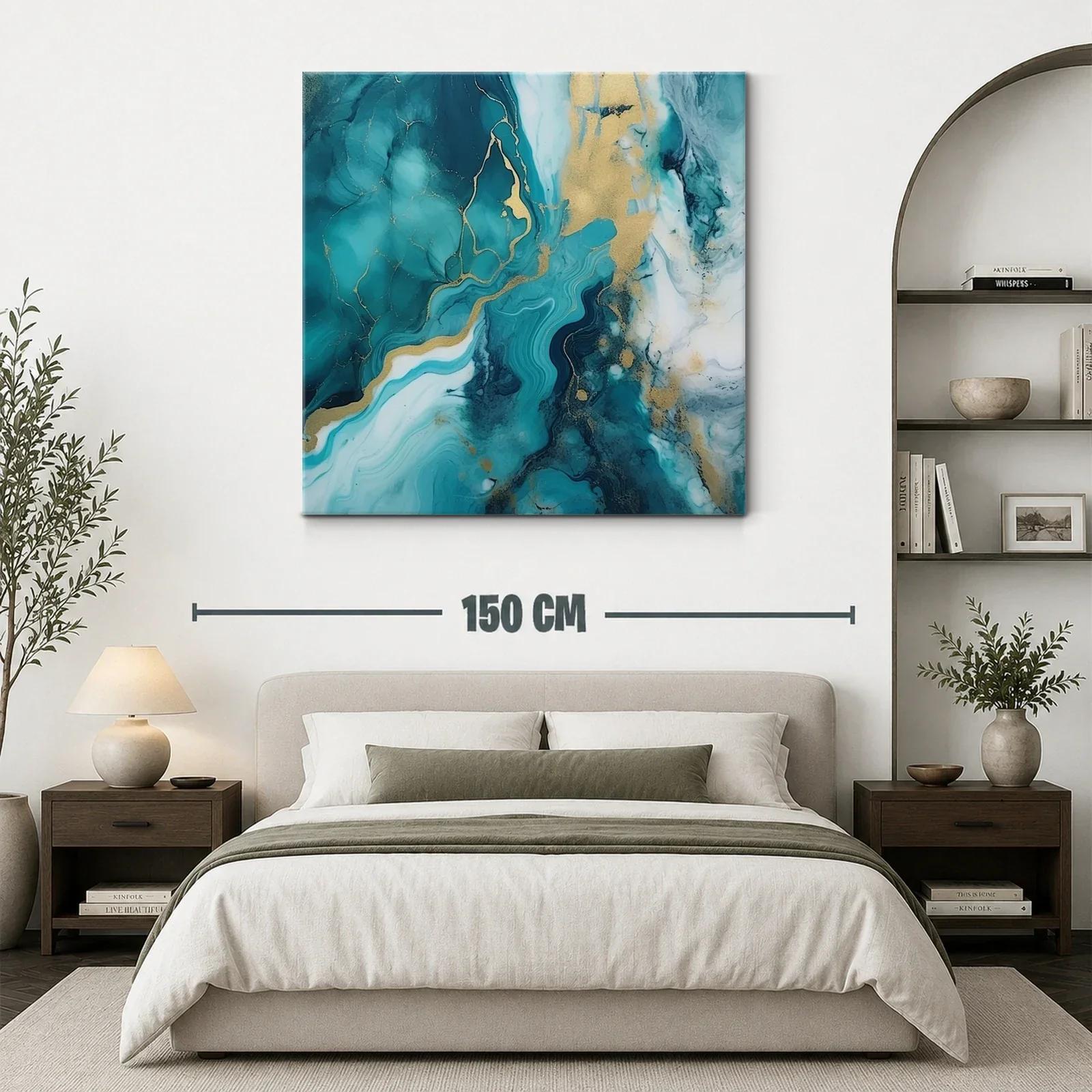 Cuadro abstracto con tonos turquesa y dorado — miniatura 3