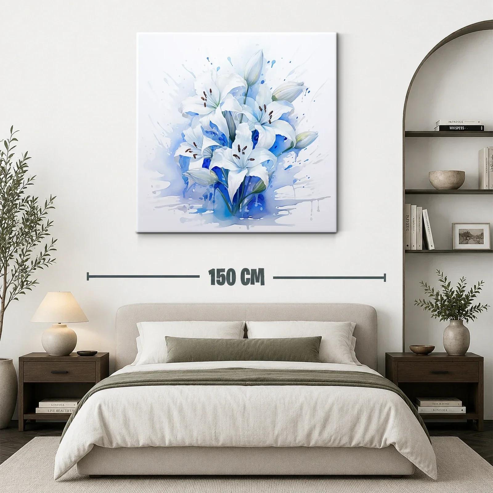 Cuadro floral con lirios blancos sobre fondo azul — miniatura 3