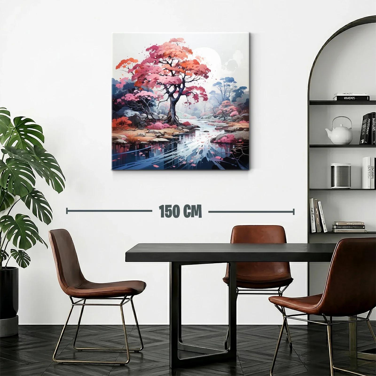Paisaje sereno con árbol rosa junto a río reflejante — miniatura 2