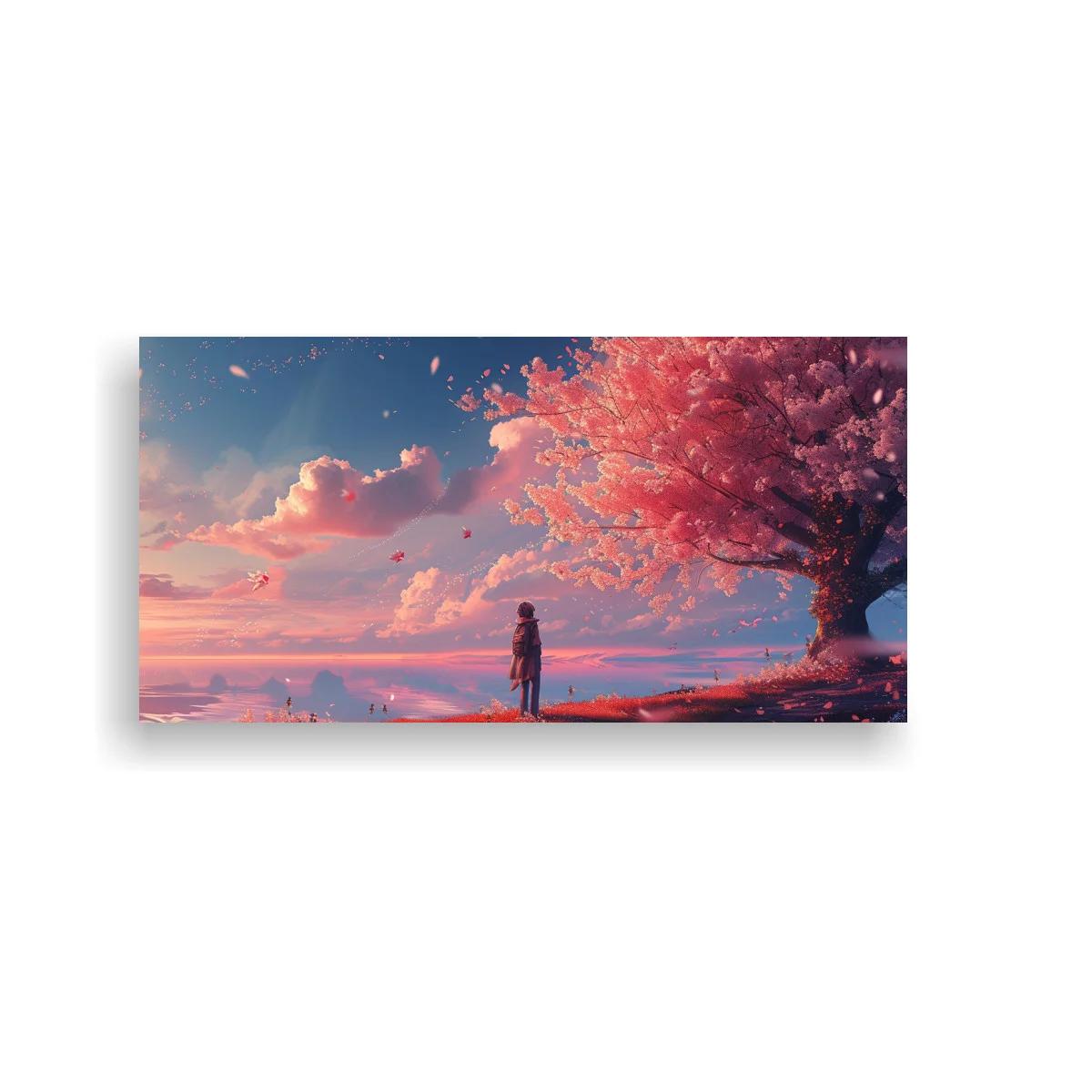 Cuadro árbol en flor rosa con horizonte luminoso
