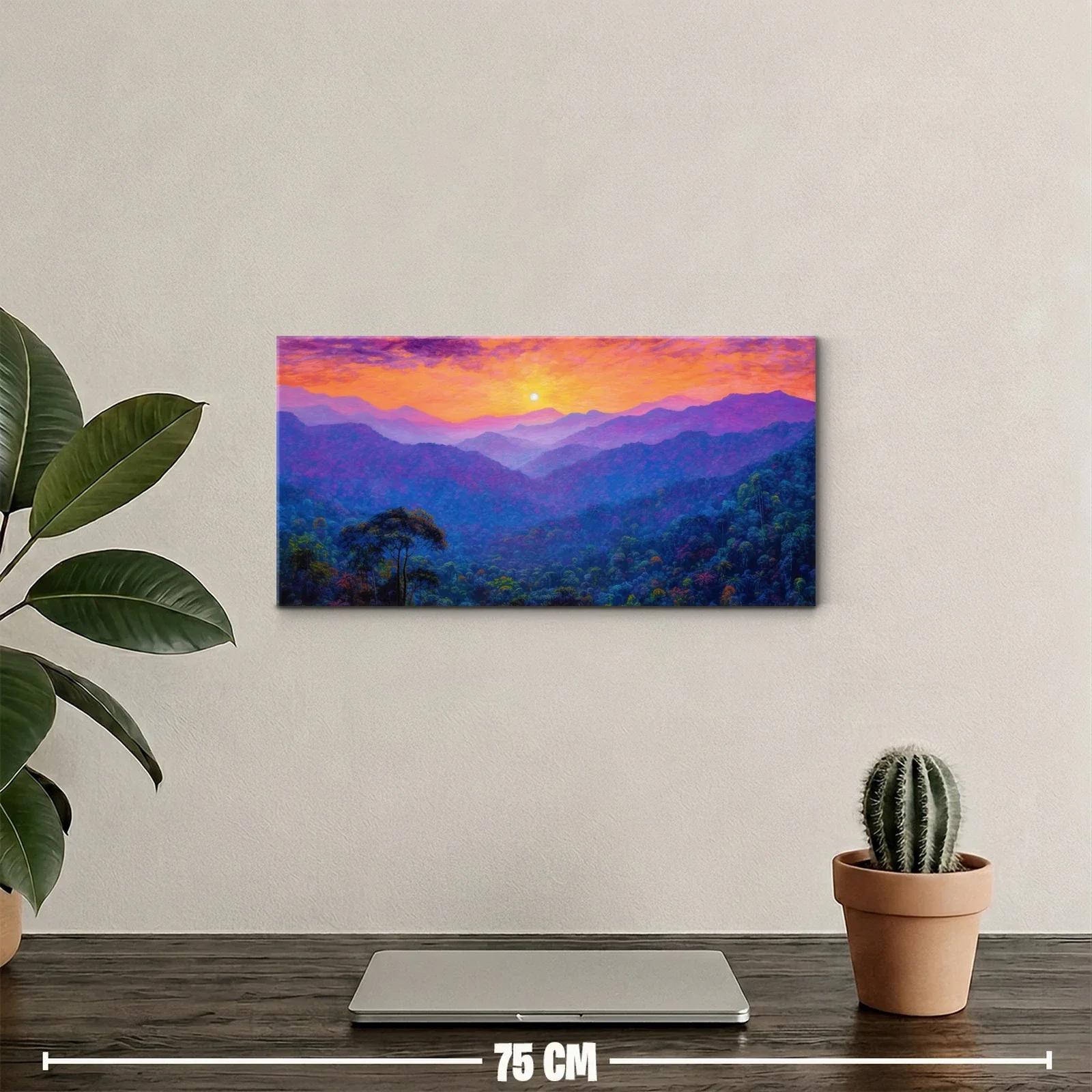Cuadro paisaje de montañas al atardecer con laderas boscosas — miniatura 2