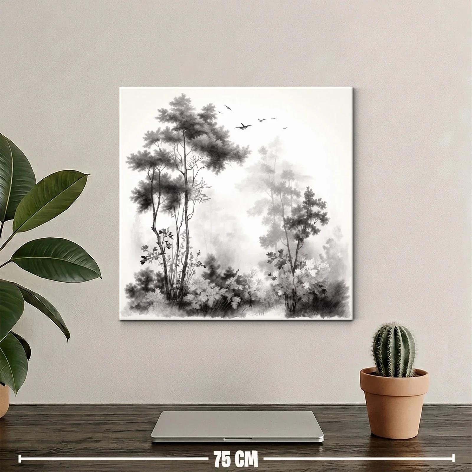 Paisaje sereno con árboles y aves en tonos neutros — miniatura 2