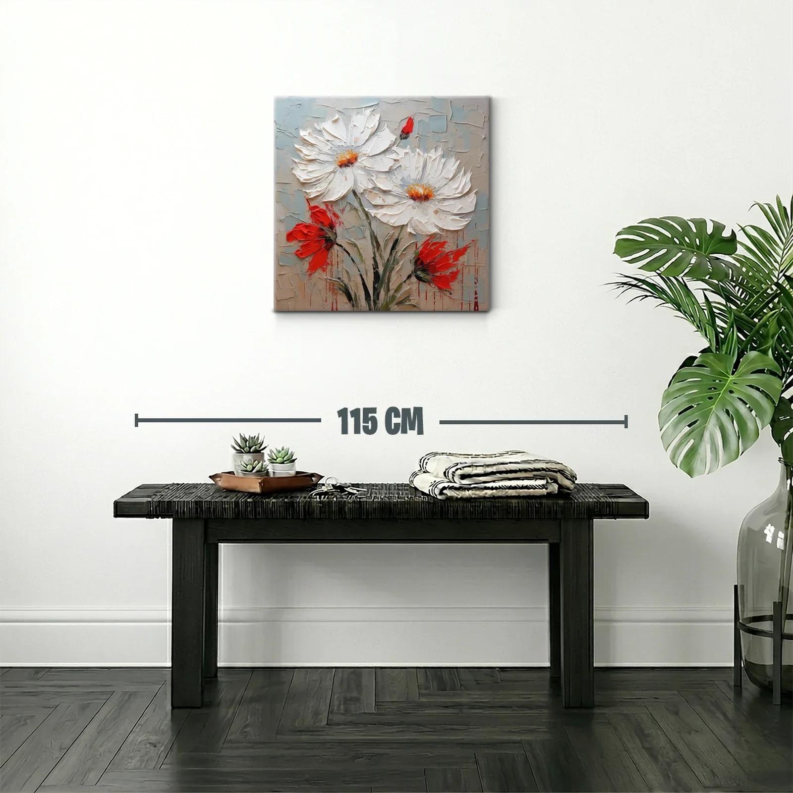 Cuadro floral en relieve con margaritas blancas y acentos rojos — miniatura 2