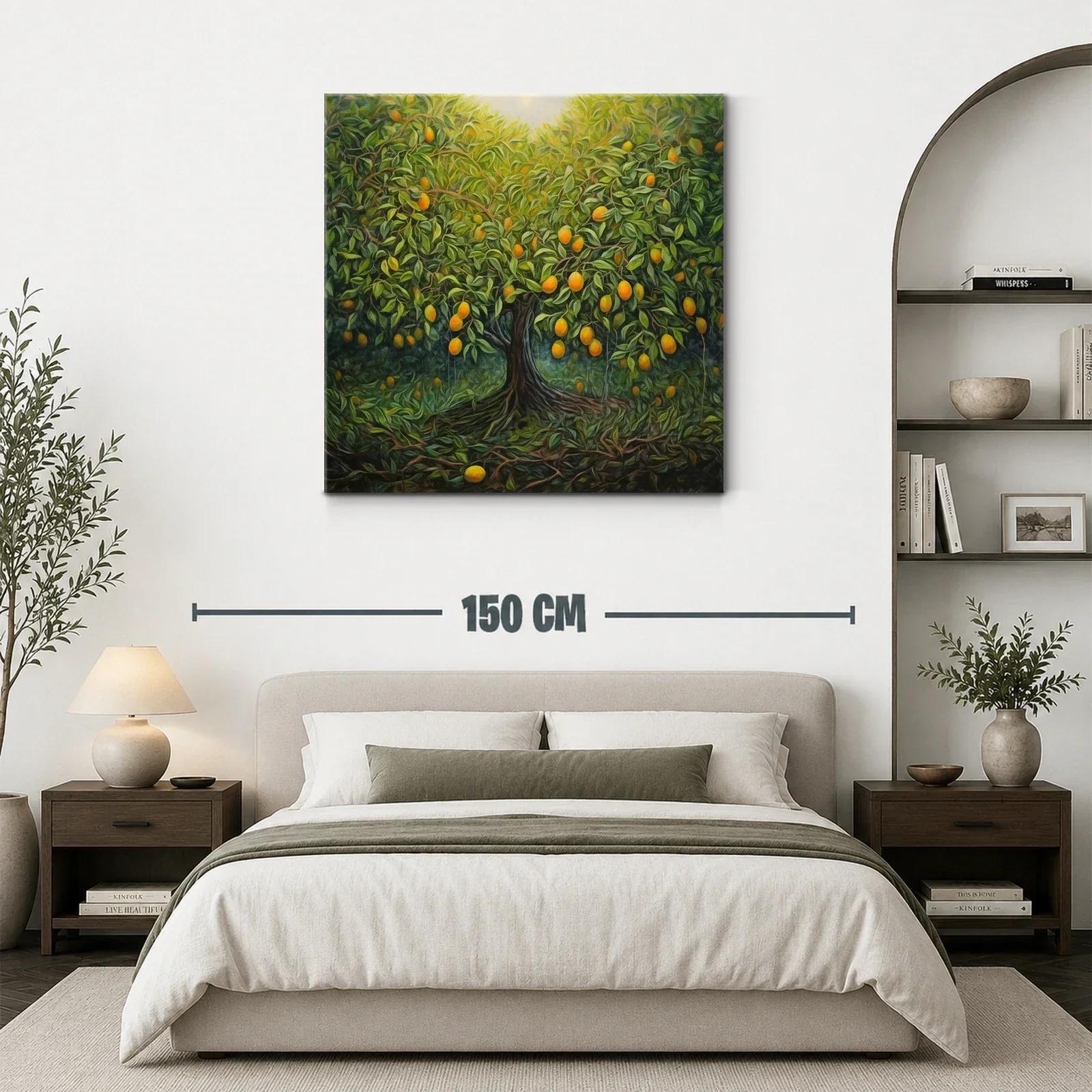 Cuadro árbol frutal con tonos verdes y naranjas vibrantes — miniatura 3