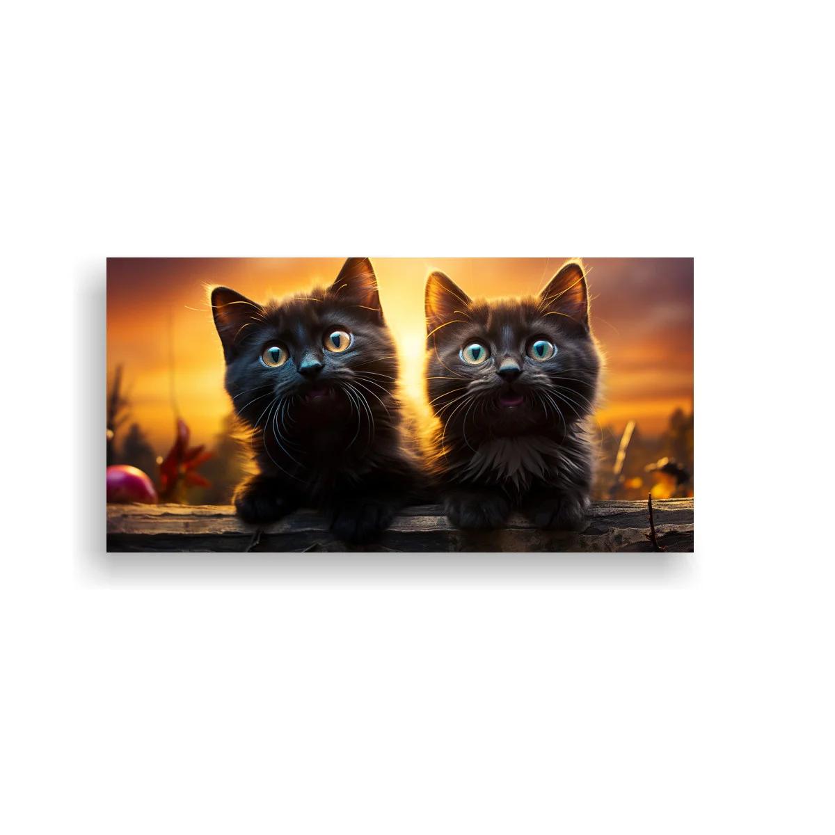 Cuadro dos gatos negros de ojos azules con atardecer cálido