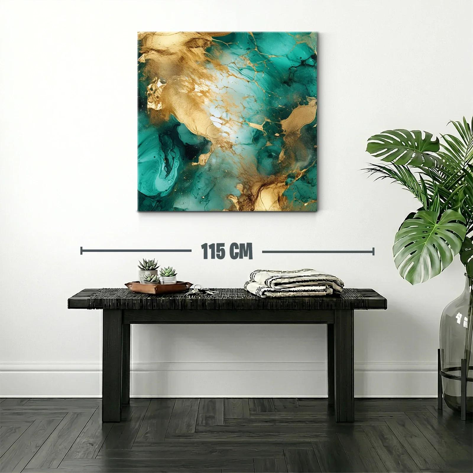 Cuadro abstracto con tonos dorados y verdes vibrantes — miniatura 2