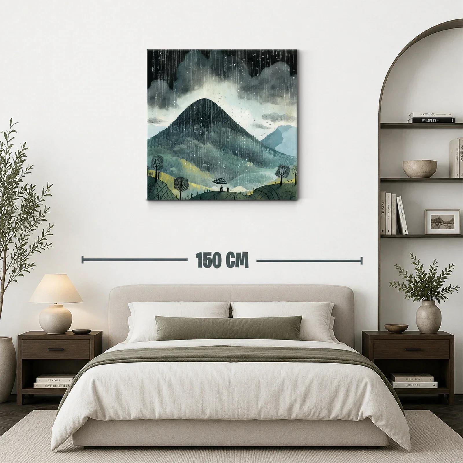 Paisaje de montaña bajo lluvia con siluetas y paraguas — miniatura 3
