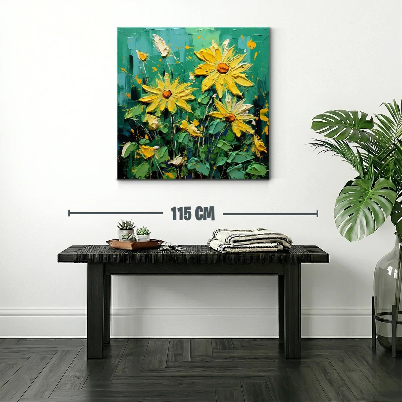 Cuadro vibrante con flores amarillas sobre fondo verde intenso — miniatura 2