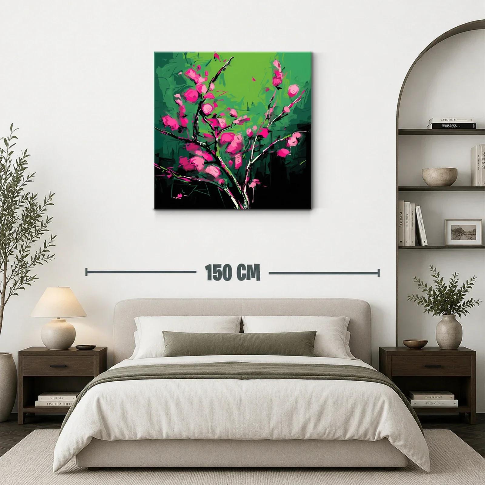Cuadro vibrante con flores fucsias sobre fondo verde — miniatura 3